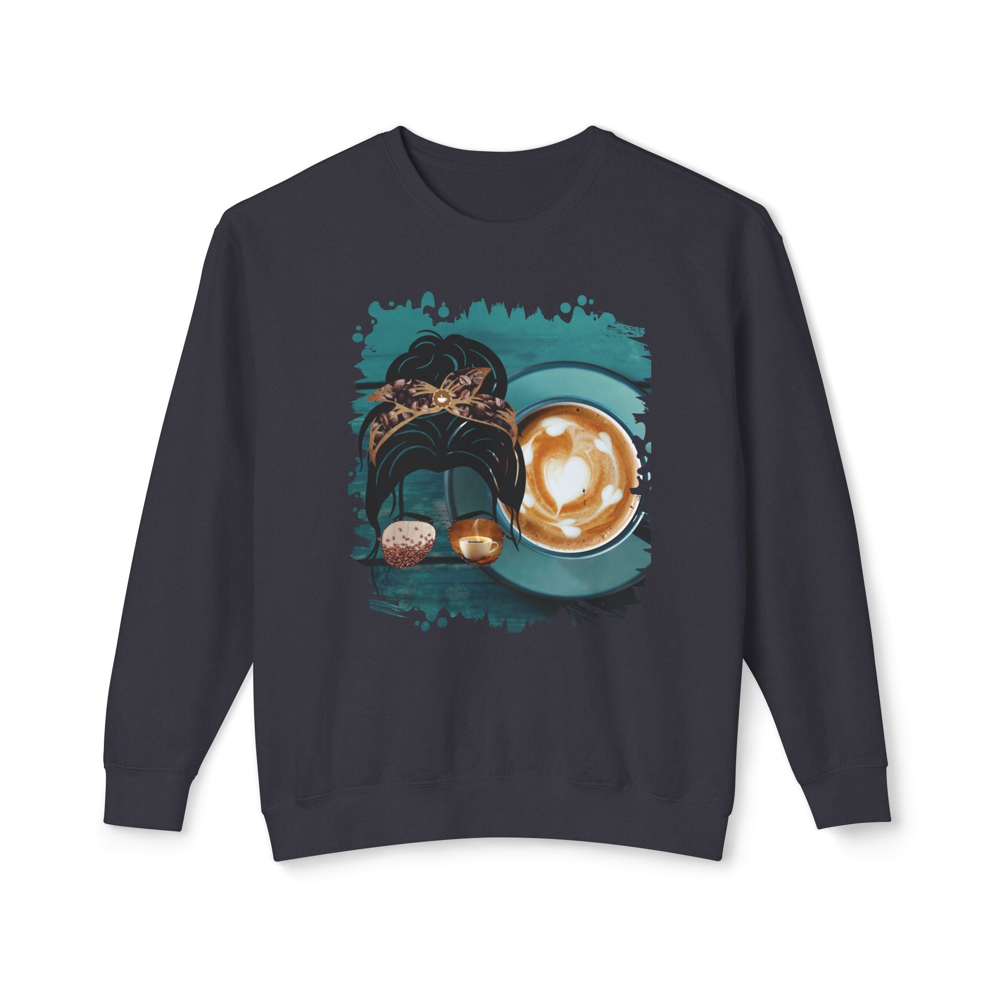 Coffee Cup, Dark Hair Messy Bun, Unisex Lightweight Crewneck Sweatshirt