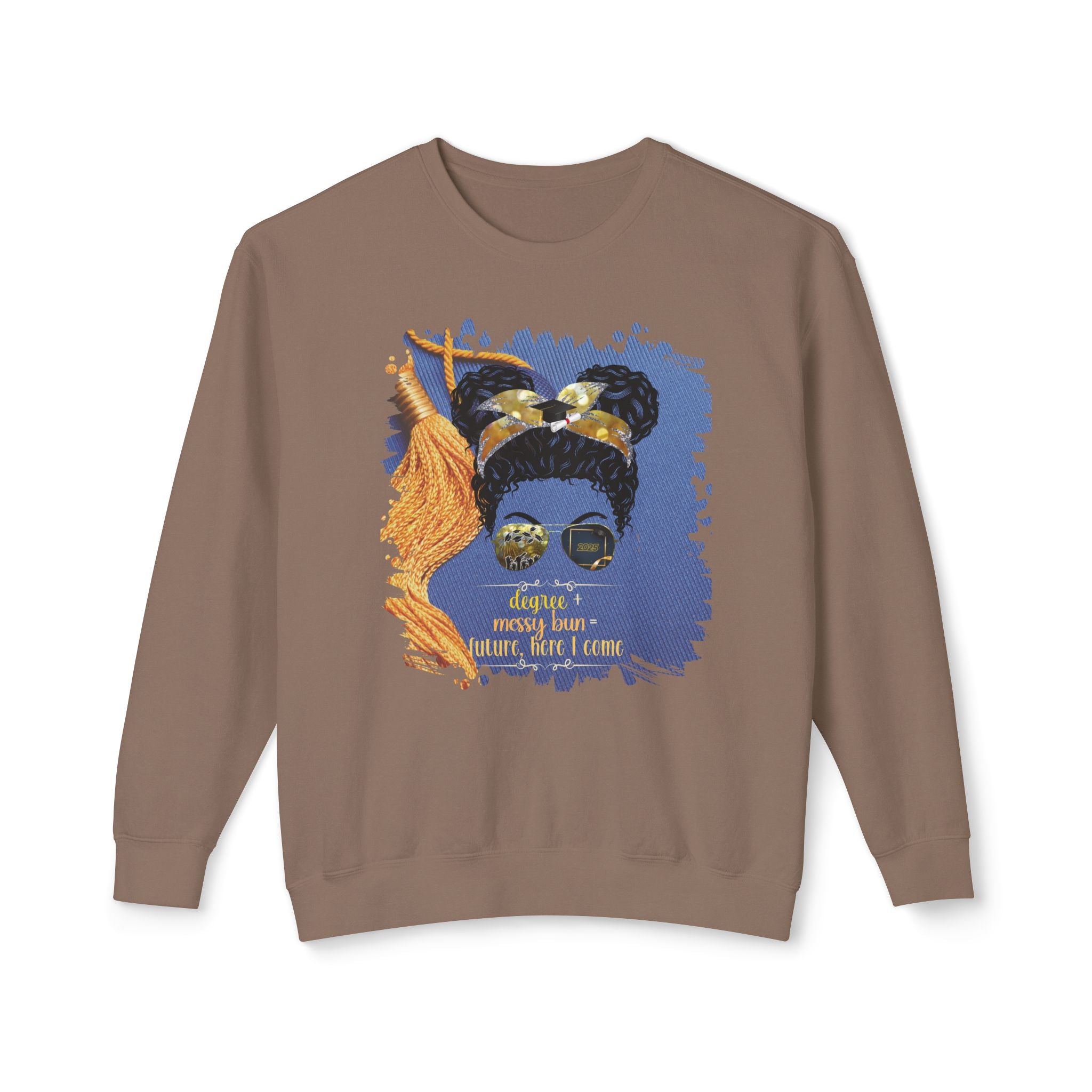 Degree + Messy Bun, Graduation Cap, Black Hair Messy Bun, Unisex Lightweight Crewneck Sweatshirt