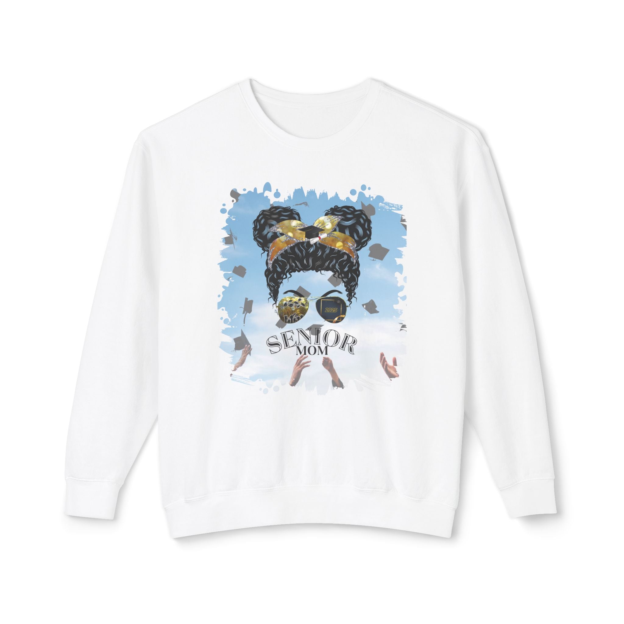 Senior Mom, Celebration, Black Hair Messy Bun, Unisex Lightweight Crewneck Sweatshirt