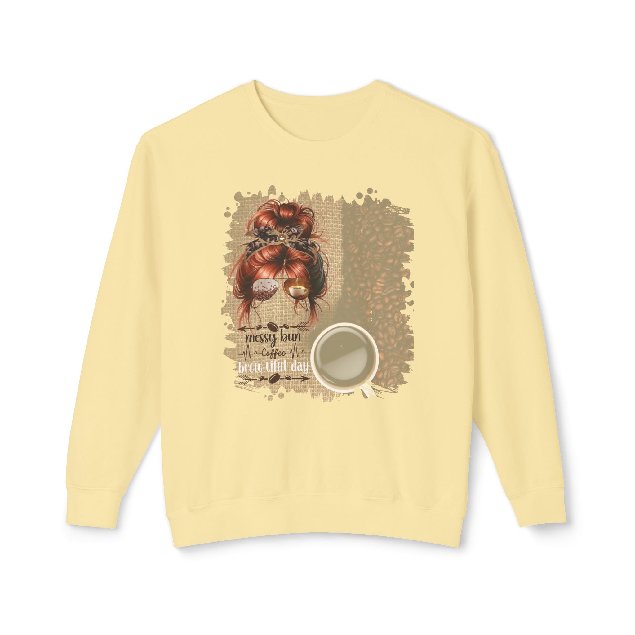 Coffee Heartbeat, Coffee Beans Bag, Red Hair Messy Bun, Unisex Lightweight Crewneck Sweatshirt