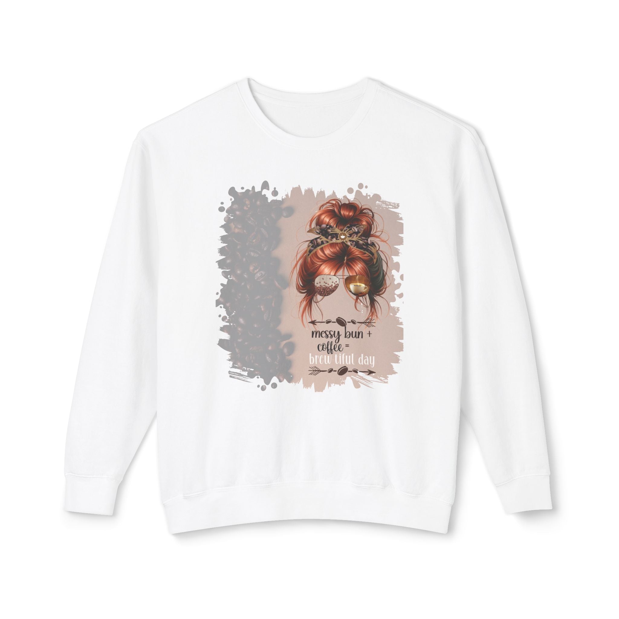 Messy Bun plus Coffee, Coffee Beans Shade, Red Hair Messy Bun, Unisex Lightweight Crewneck Sweatshirt