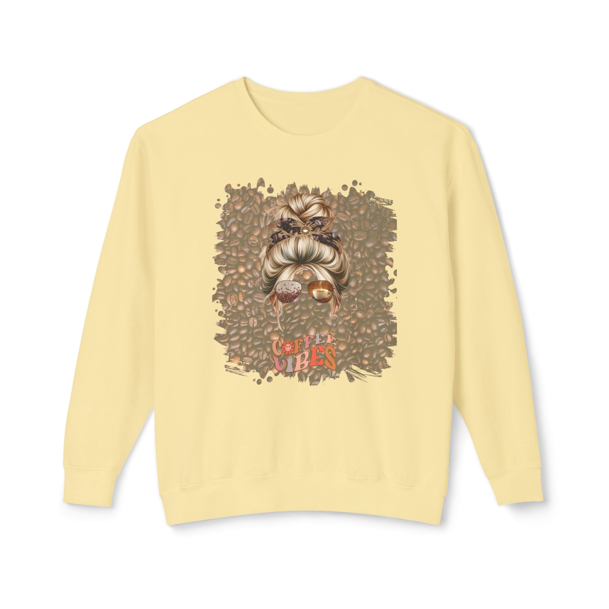 Coffee Vibes, Coffee Beans, Blond Hair Messy Bun, Unisex Lightweight Crewneck Sweatshirt