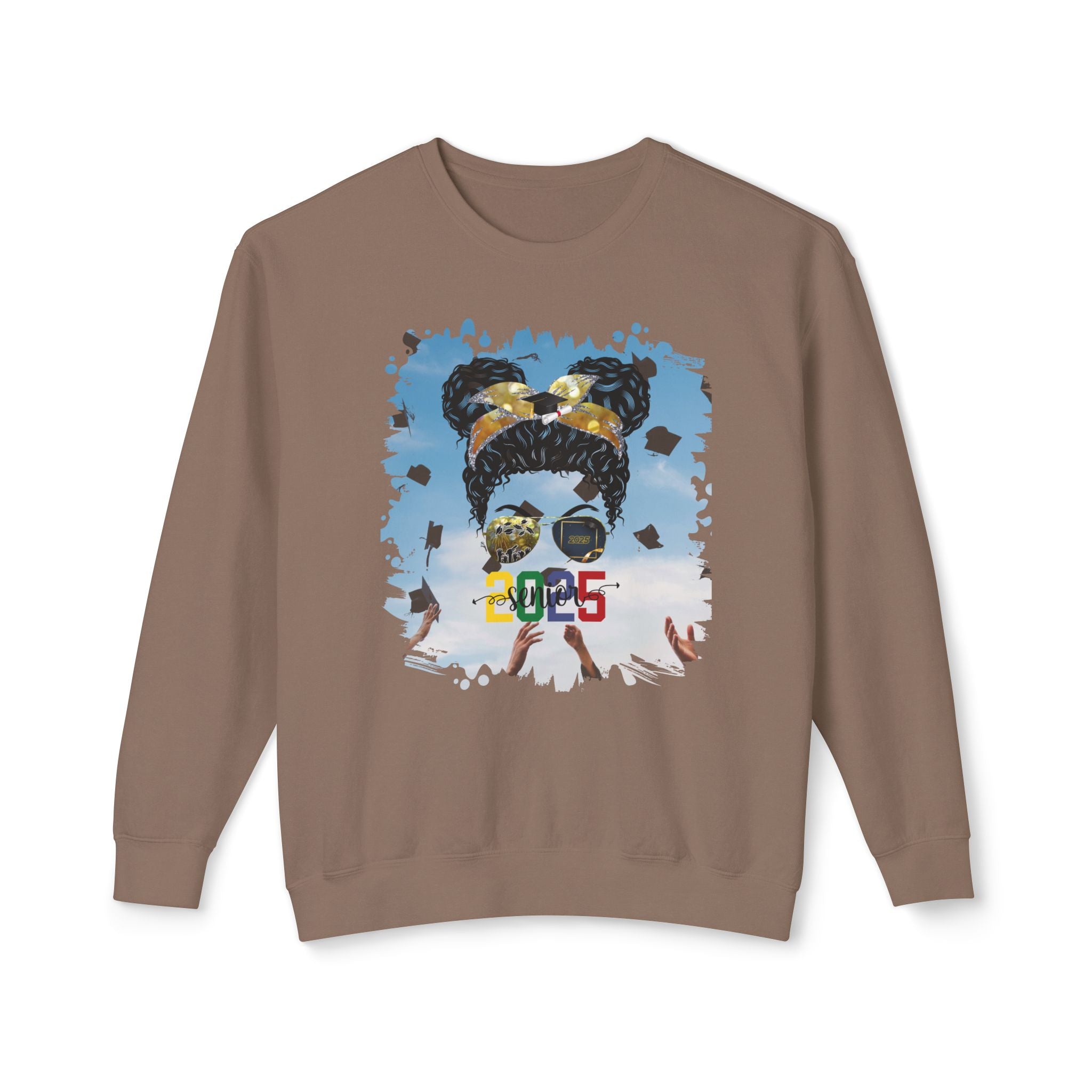 Senior 2025 Colorful, Celebration, Black Hair Messy Bun, Unisex Lightweight Crewneck Sweatshirt