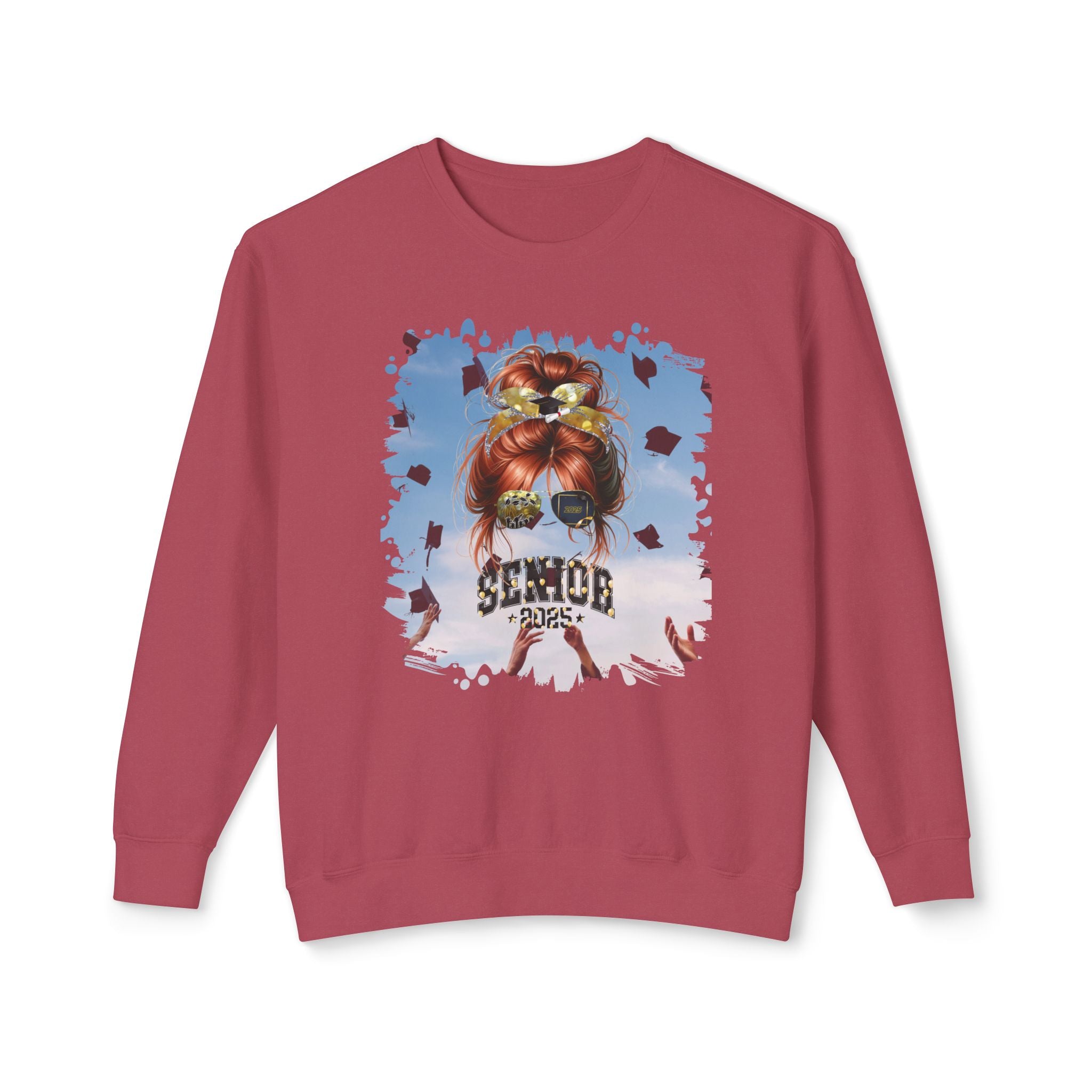 Senior 2025 Balloons, Celebration, Red Hair Messy Bun, Unisex Lightweight Crewneck Sweatshirt