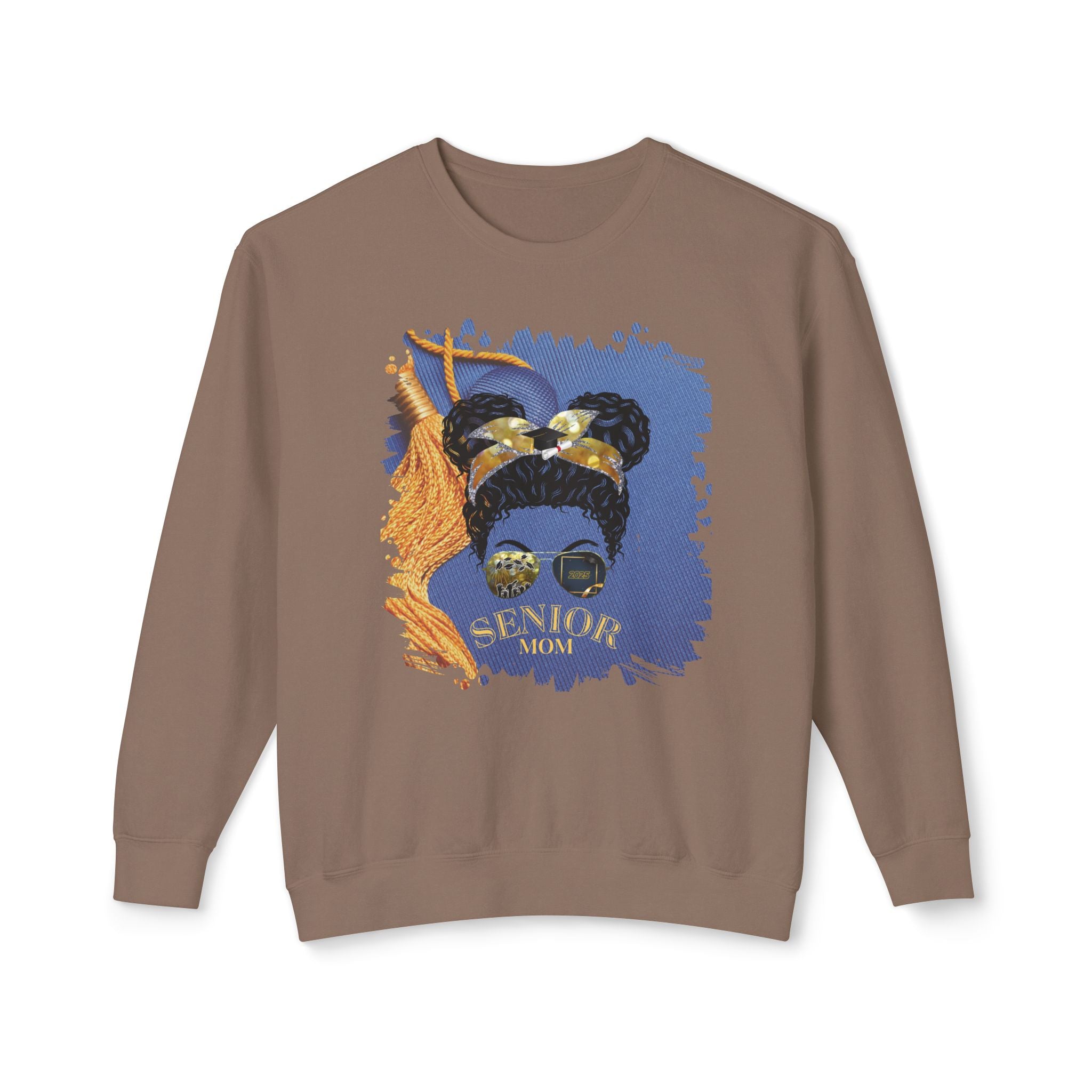 Senior Mom, Graduation Cap, Black Hair Messy Bun, Unisex Lightweight Crewneck Sweatshirt