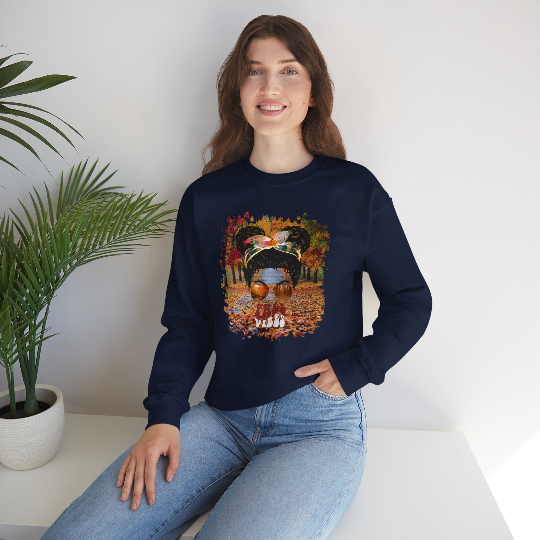 Fall Vibes Fall Trail, Black Hair Messy Bun, Unisex Heavy Blend™ Crewneck Sweatshirt