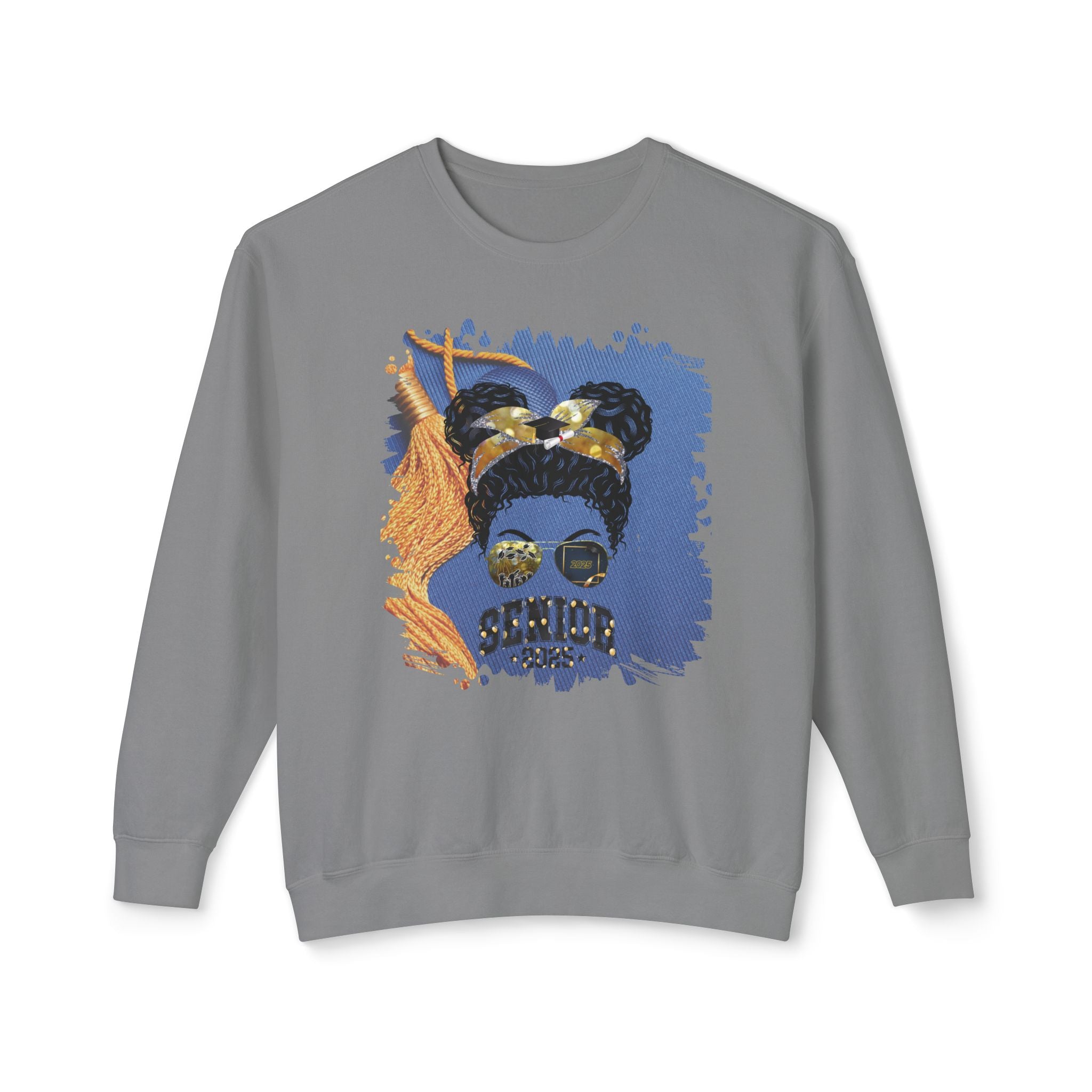 Senior 2025 Balloons, Graduation Cap, Black Hair Messy Bun, Unisex Lightweight Crewneck Sweatshirt