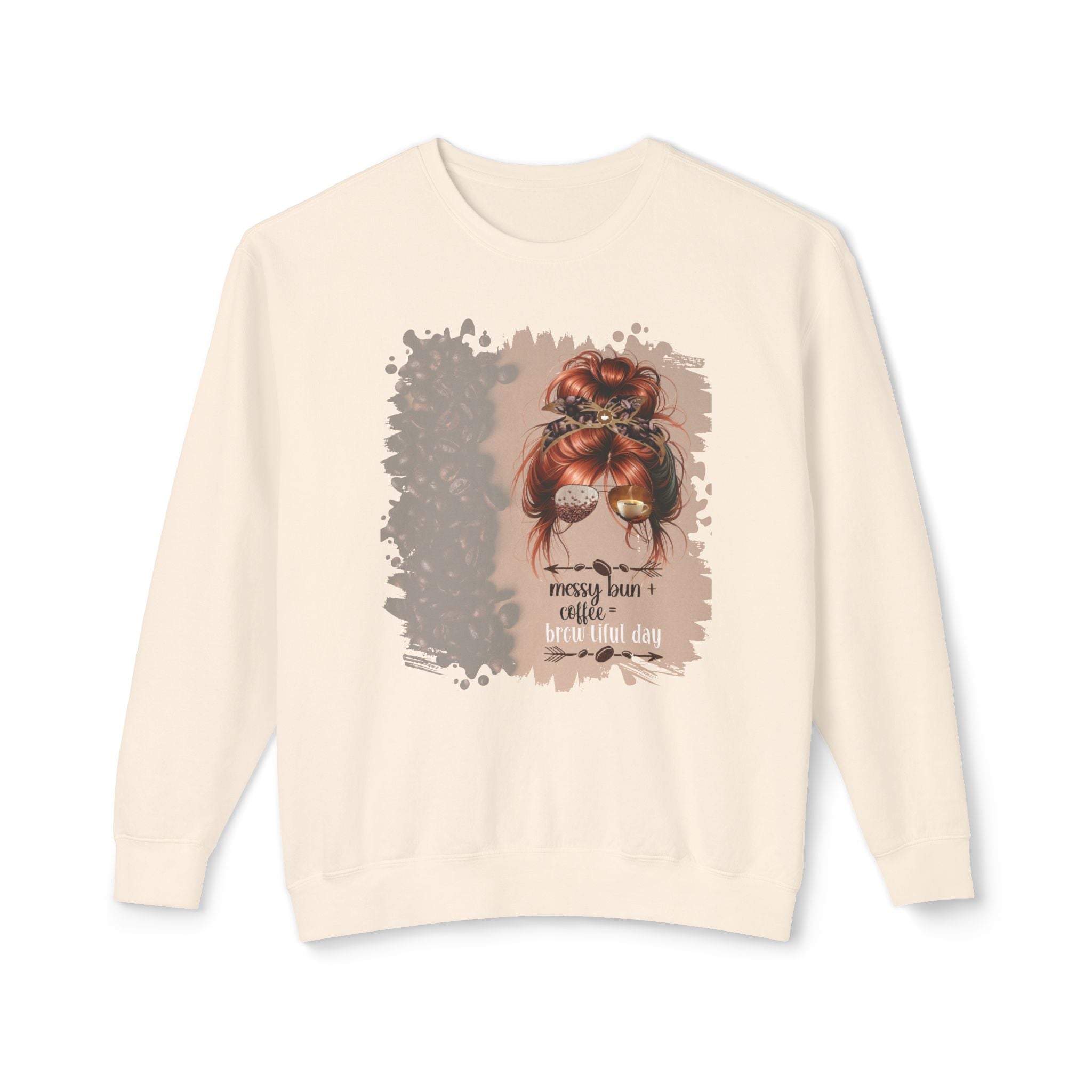 Messy Bun plus Coffee, Coffee Beans Shade, Red Hair Messy Bun, Unisex Lightweight Crewneck Sweatshirt