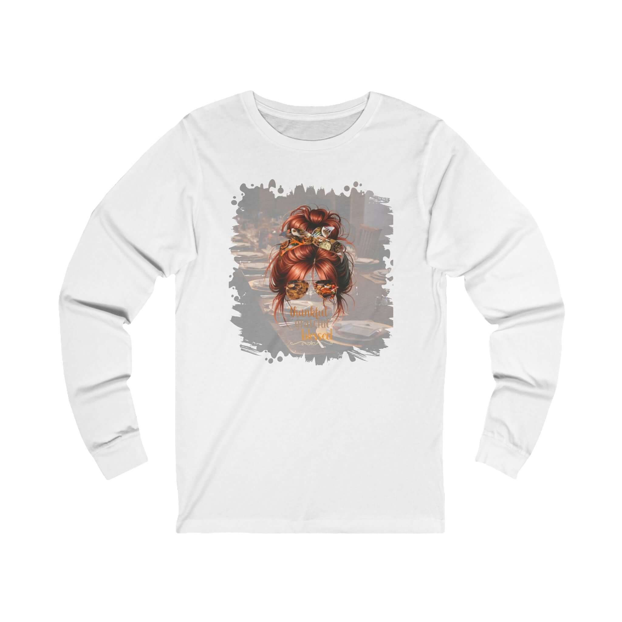 Thankful Grateful Blessed Table Setting, Red Hair Messy Bun, Unisex Jersey Long Sleeve Tee