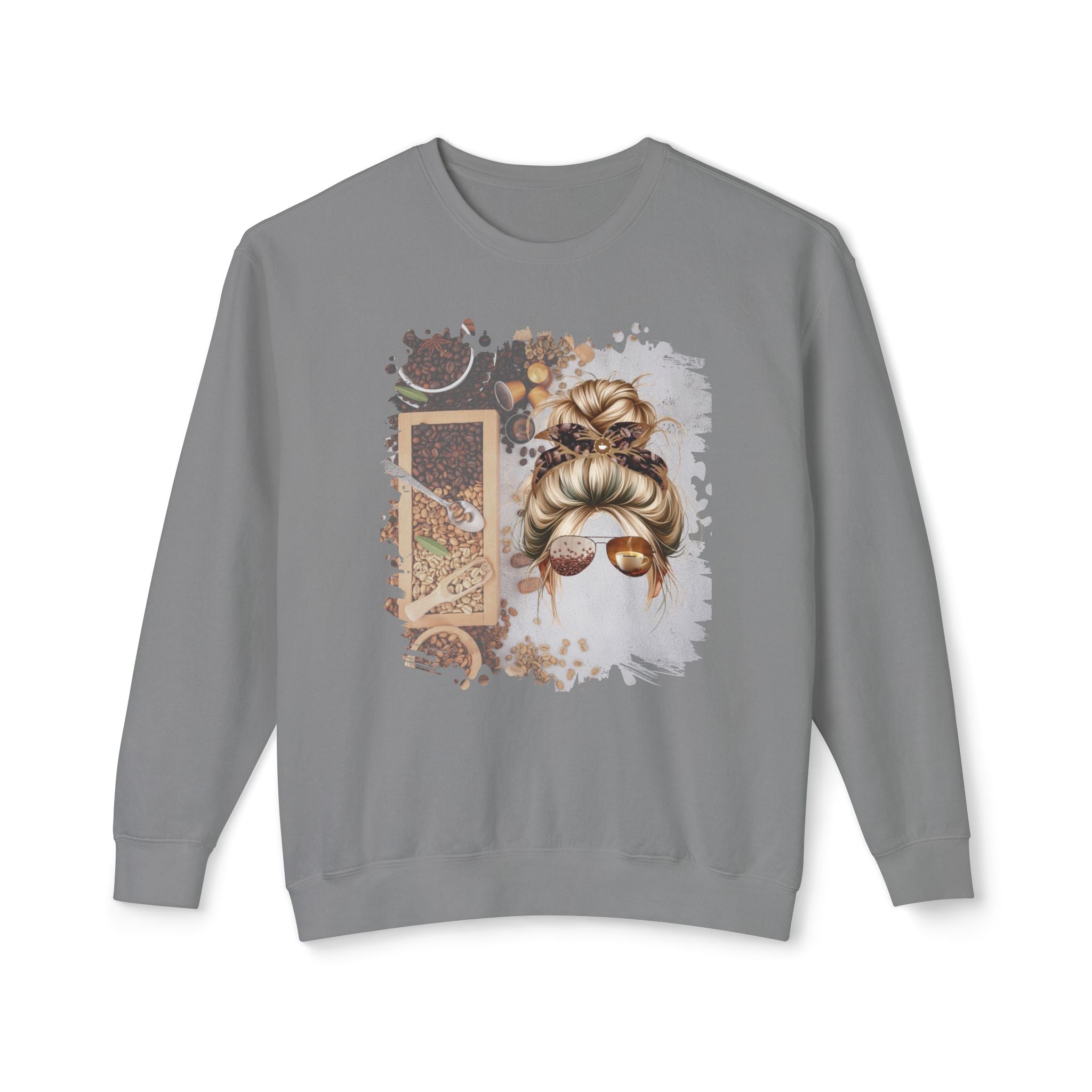 Coffee Beans Variety, Blond Hair Messy Bun, Unisex Lightweight Crewneck Sweatshirt