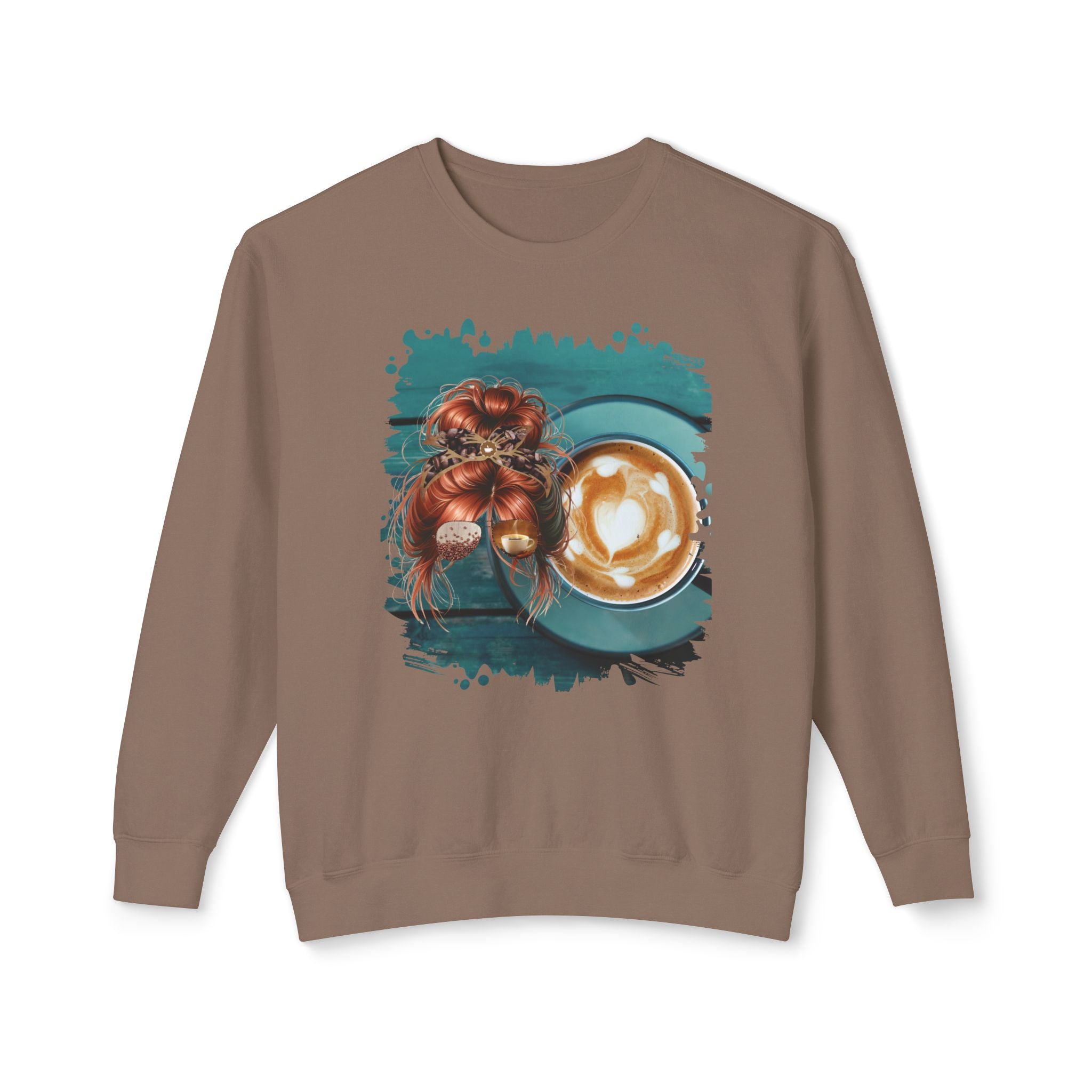 Coffee Cup, Red Hair Messy Bun, Unisex Lightweight Crewneck Sweatshirt