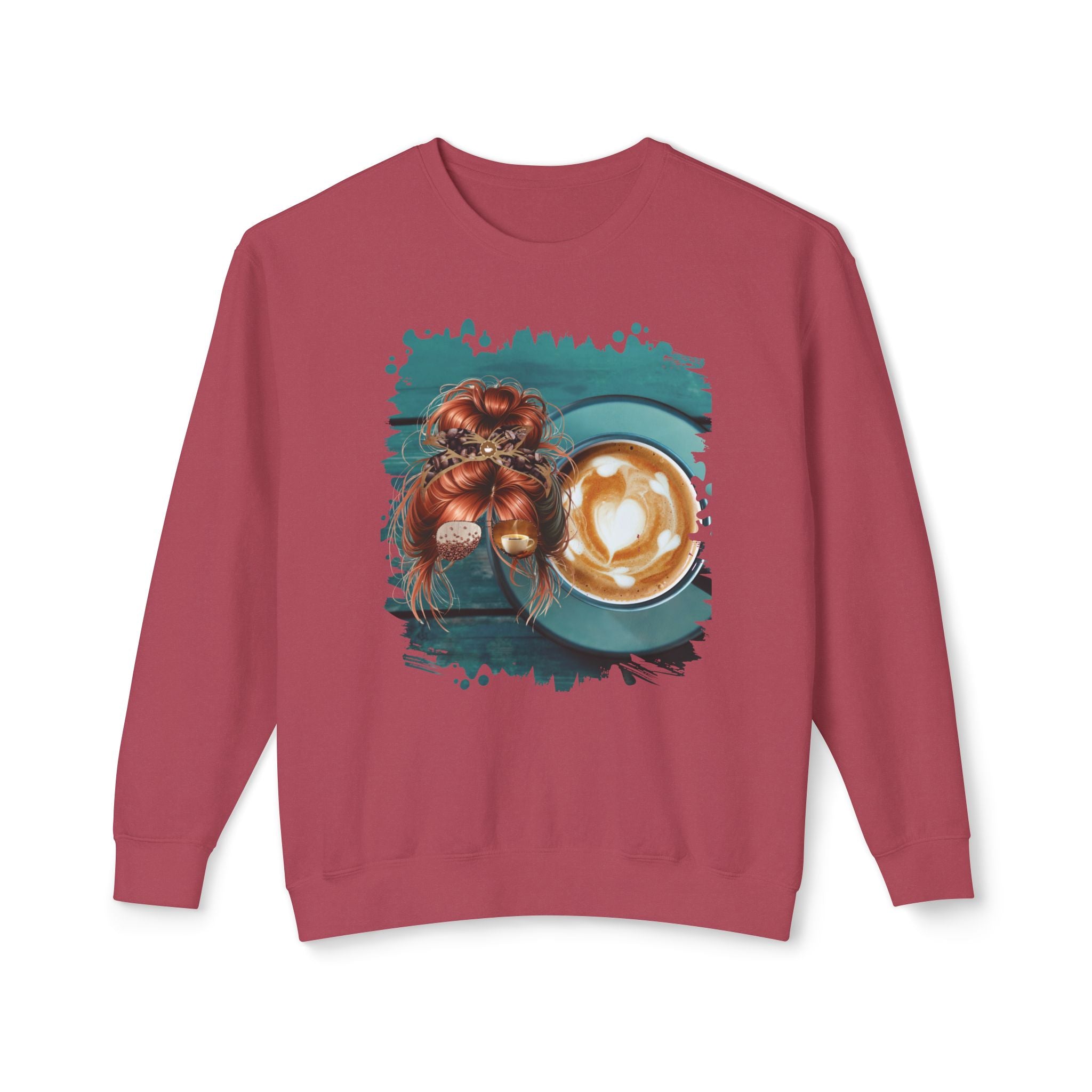 Coffee Cup, Red Hair Messy Bun, Unisex Lightweight Crewneck Sweatshirt