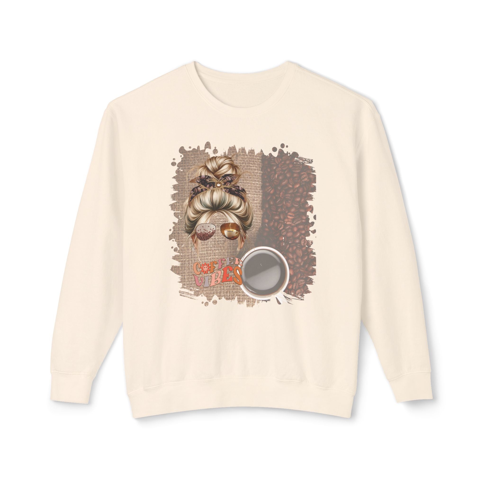 Coffee Vibes, Coffee Beans Bag, Blond Hair Messy Bun, Unisex Lightweight Crewneck Sweatshirt