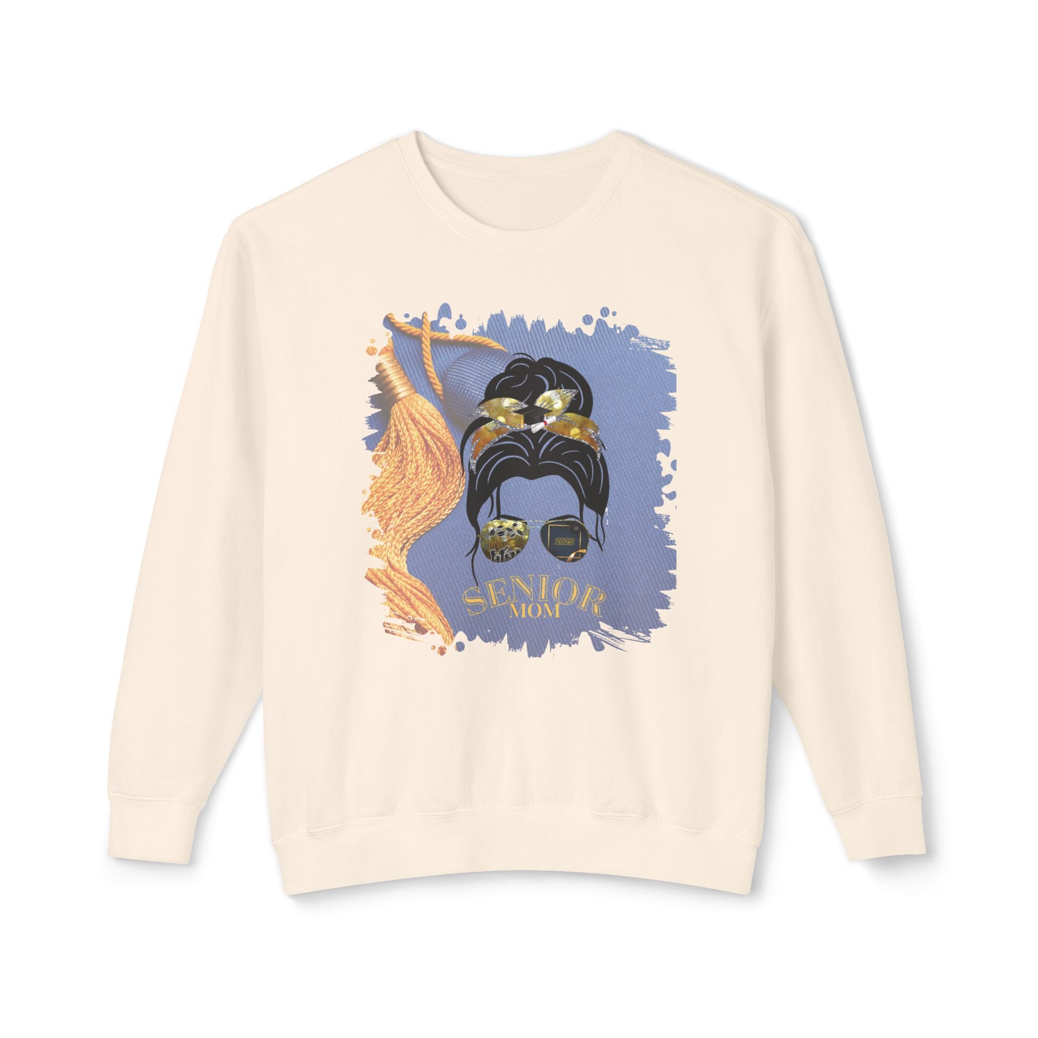 Senior Mom, Graduation Cap, Dark Hair Messy Bun, Unisex Lightweight Crewneck Sweatshirt