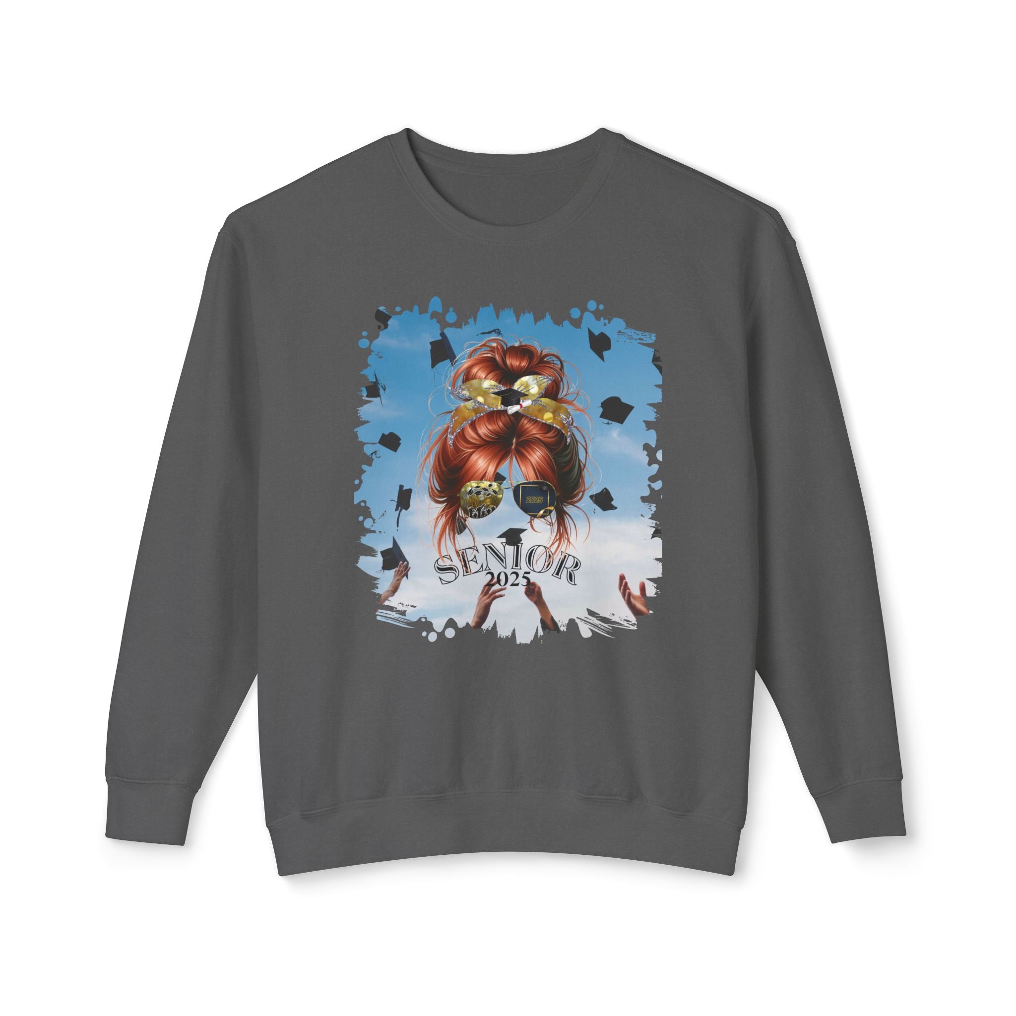 Senior 2025, Celebration, Red Hair Messy Bun, Unisex Lightweight Crewneck Sweatshirt