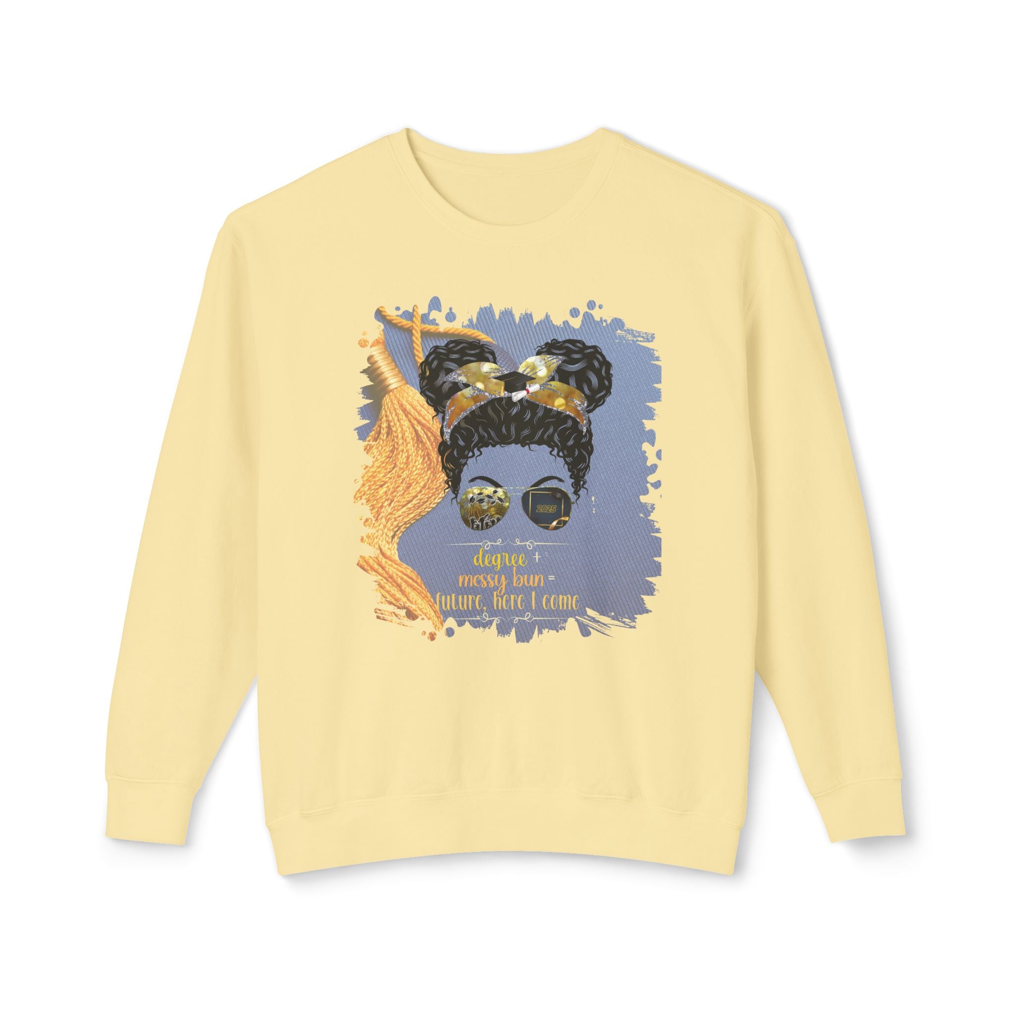 Degree + Messy Bun, Graduation Cap, Black Hair Messy Bun, Unisex Lightweight Crewneck Sweatshirt
