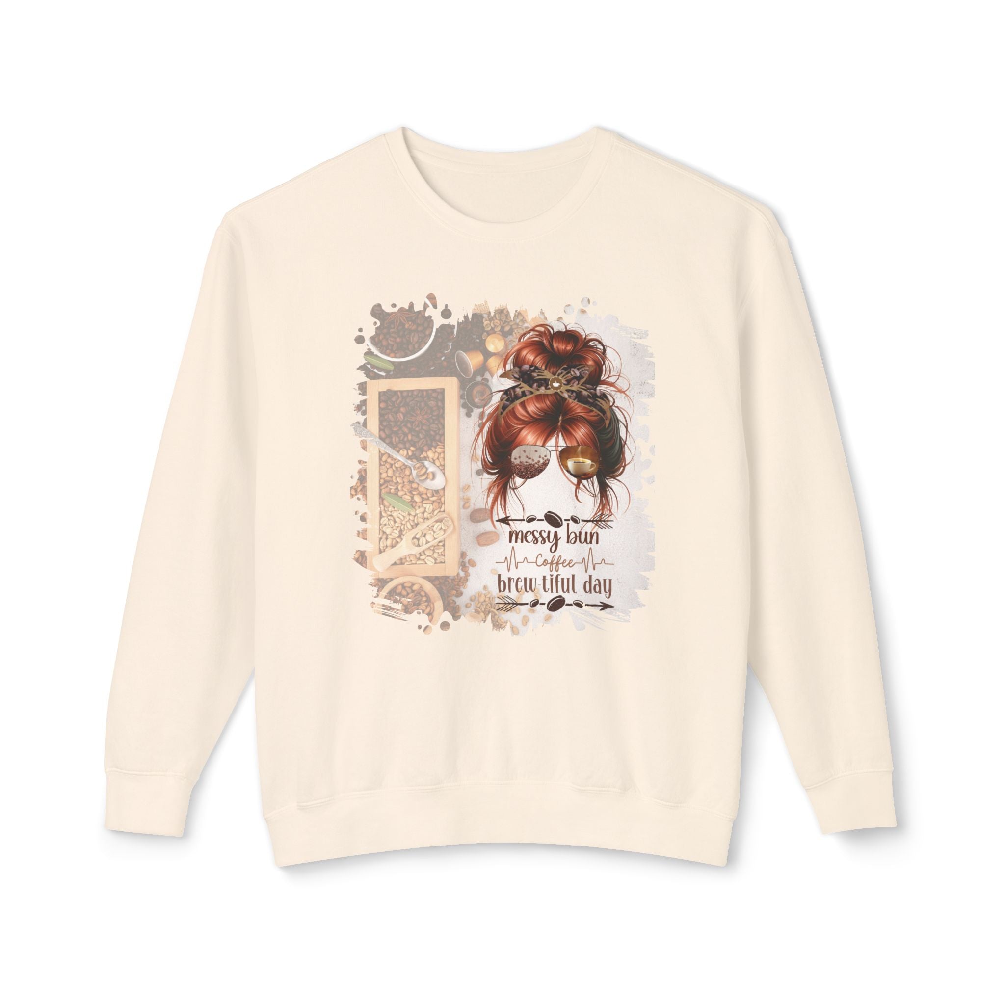 Messy Bun Coffee Heartbeat, Coffee Beans Variety, Red Hair Messy Bun, Unisex Lightweight Crewneck Sweatshirt