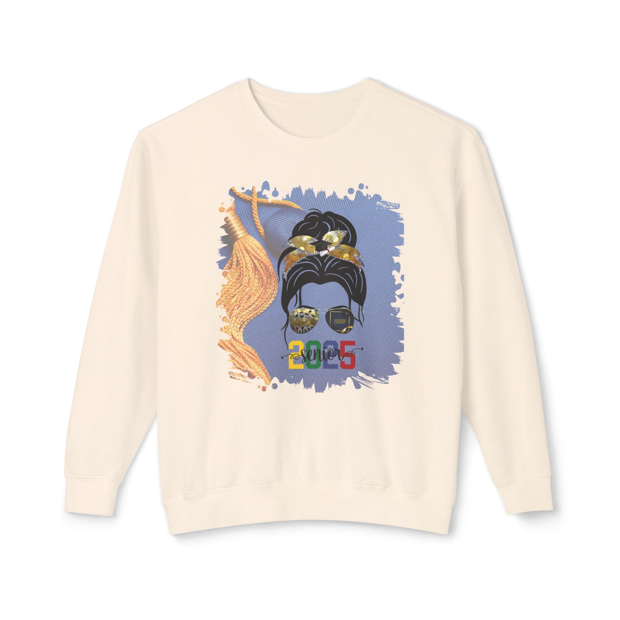 Senior 2025 Colorful, Graduation Cap, Dark Hair Messy Bun, Unisex Lightweight Crewneck Sweatshirt