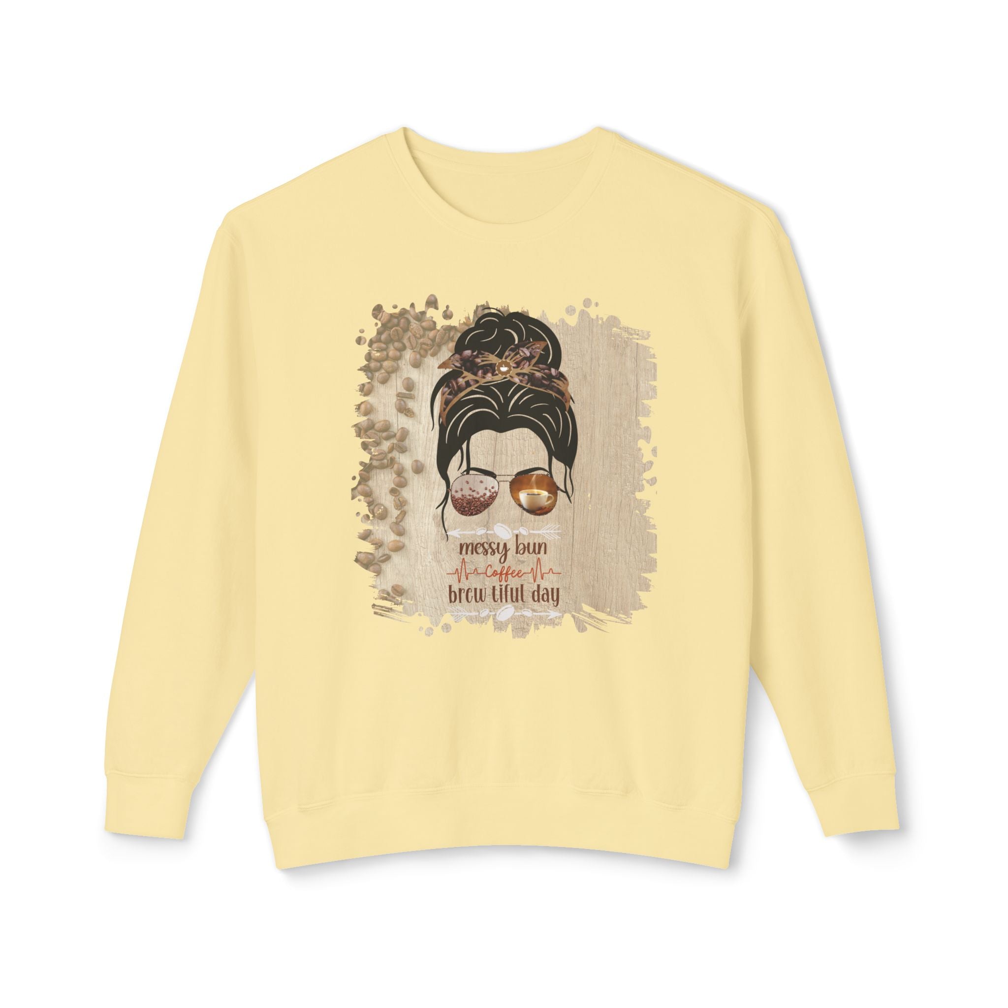 Coffee Heartbeat, Coffee Beans Table, Dark Hair Messy Bun, Unisex Lightweight Crewneck Sweatshirt