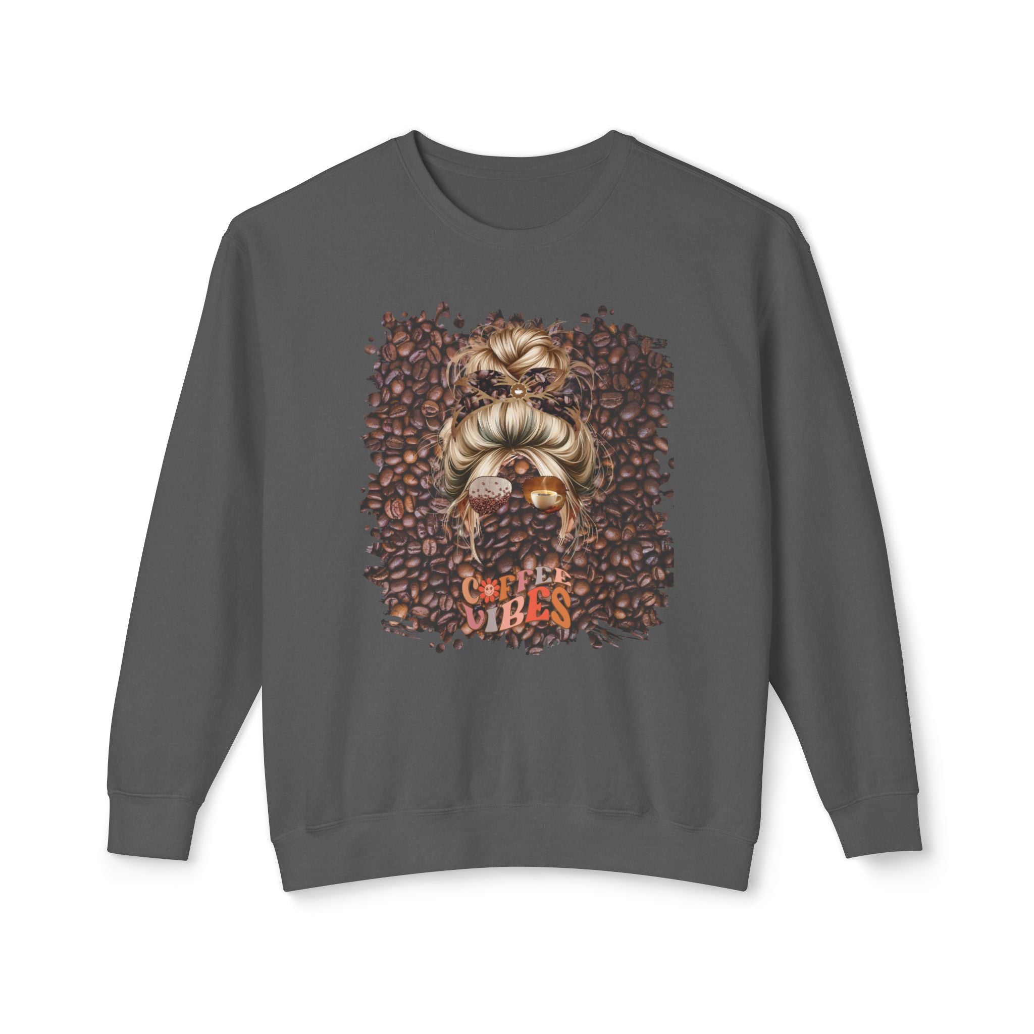 Coffee Vibes, Coffee Beans, Blond Hair Messy Bun, Unisex Lightweight Crewneck Sweatshirt