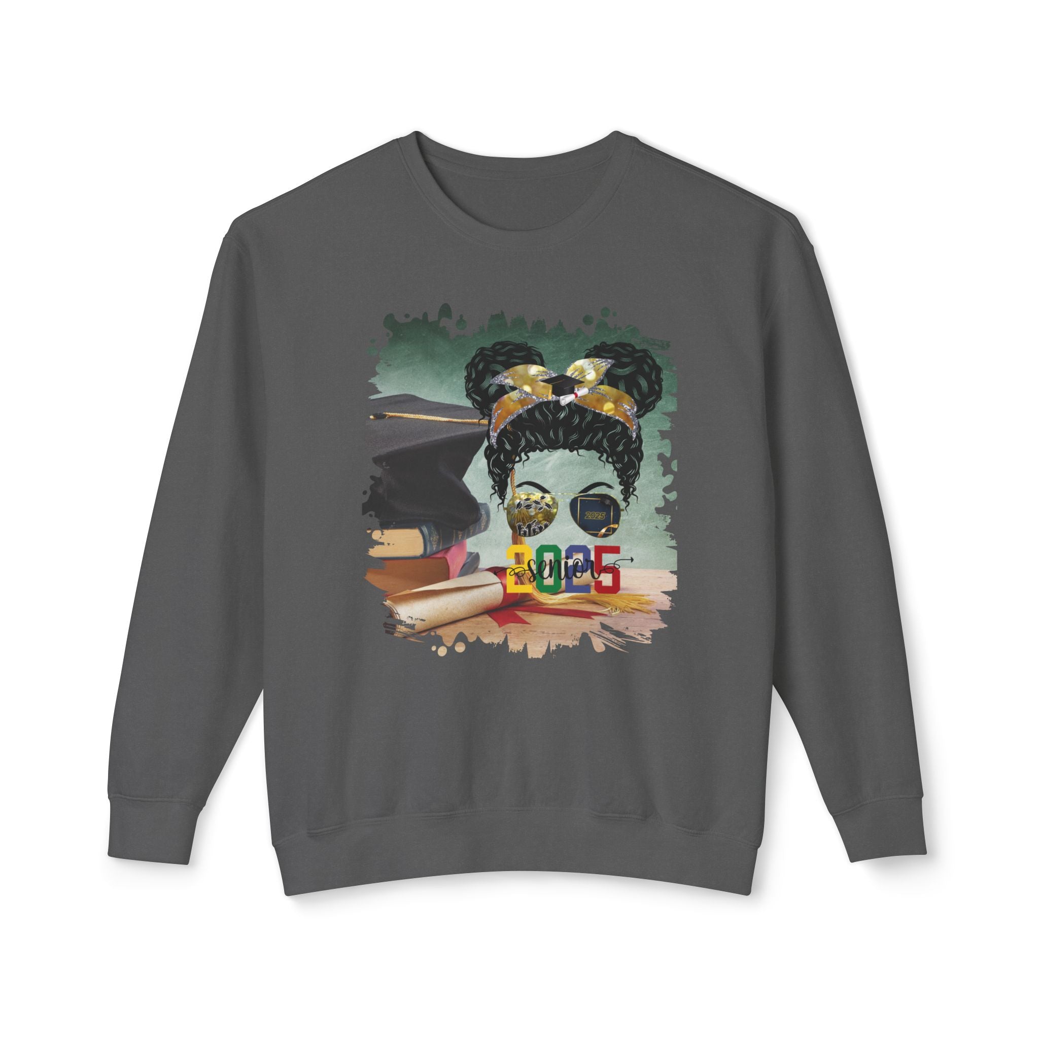 Senior 2025 Colorful, Cap & Degree/Diploma, Black Hair Messy Bun, Unisex Lightweight Crewneck Sweatshirt