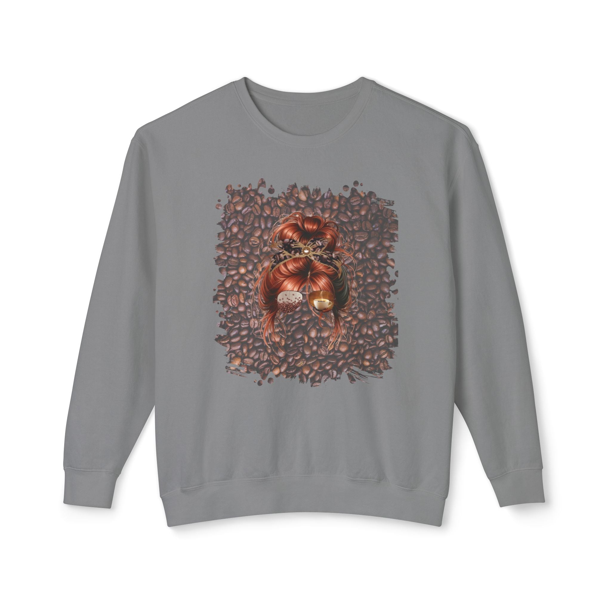 Coffee Beans, Red Hair Messy Bun, Unisex Lightweight Crewneck Sweatshirt