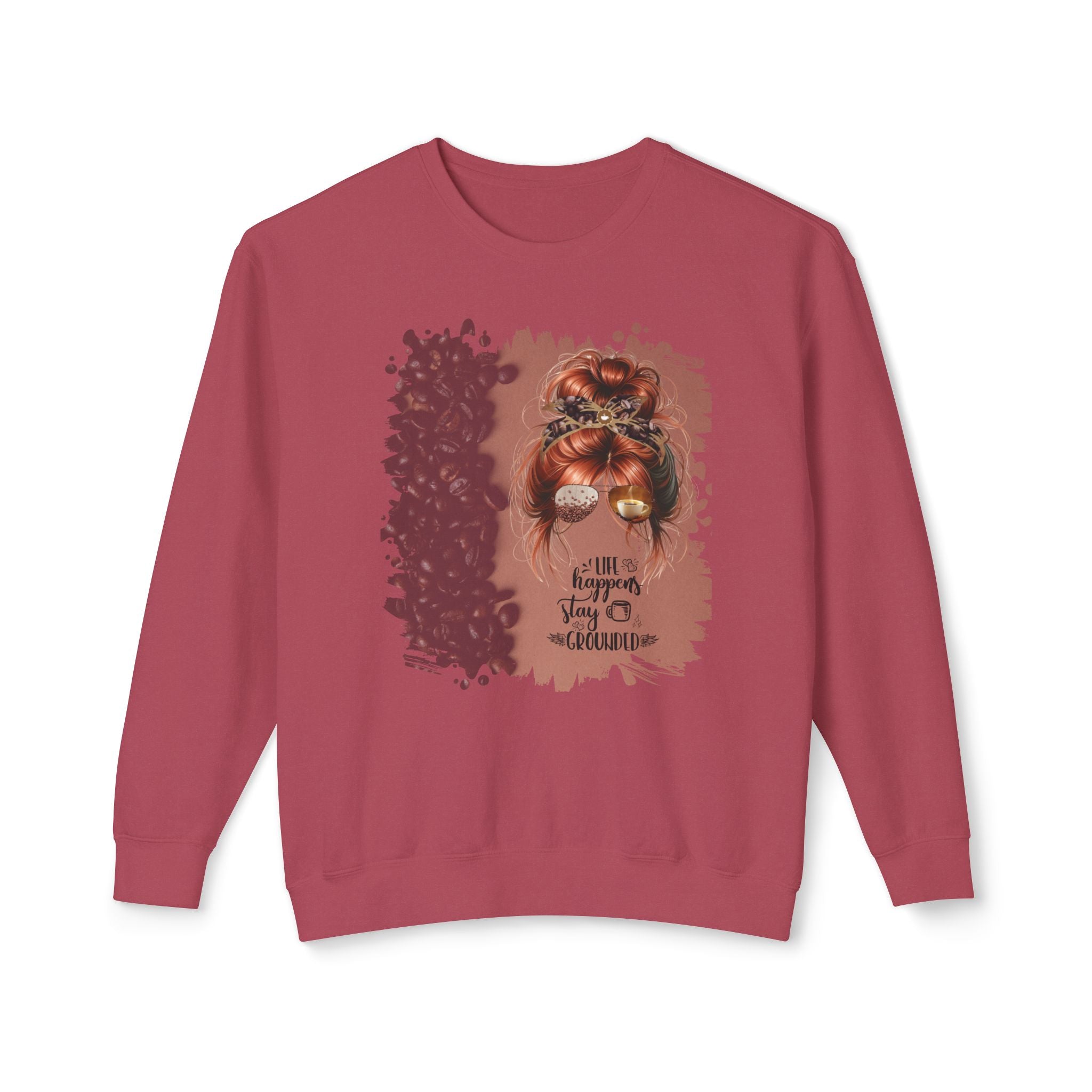 Stay Grounded, Coffee Beans Shade, Red Hair Messy Bun, Unisex Lightweight Crewneck Sweatshirt