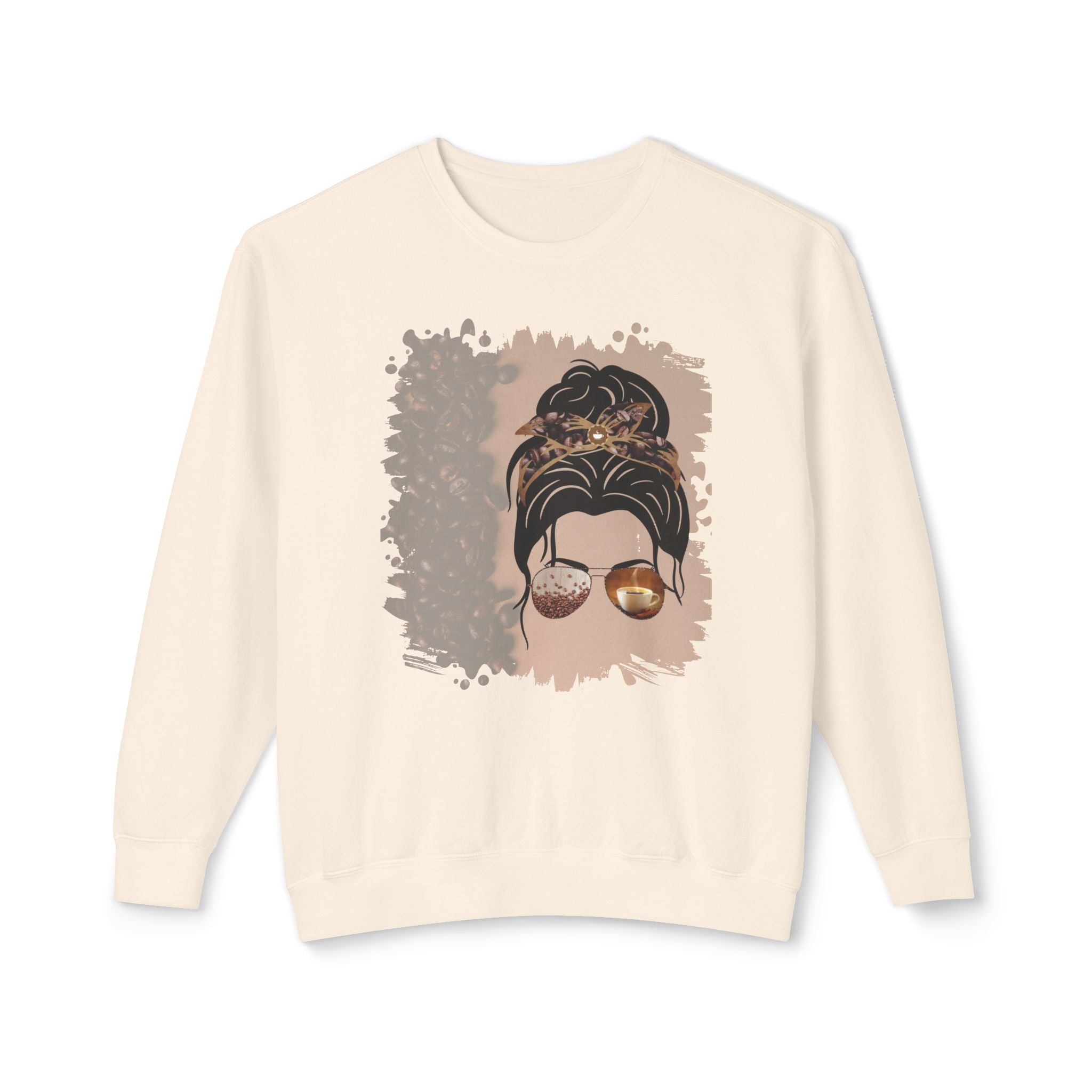 Coffee Beans Shade, Dark Hair Messy Bun, Unisex Lightweight Crewneck Sweatshirt