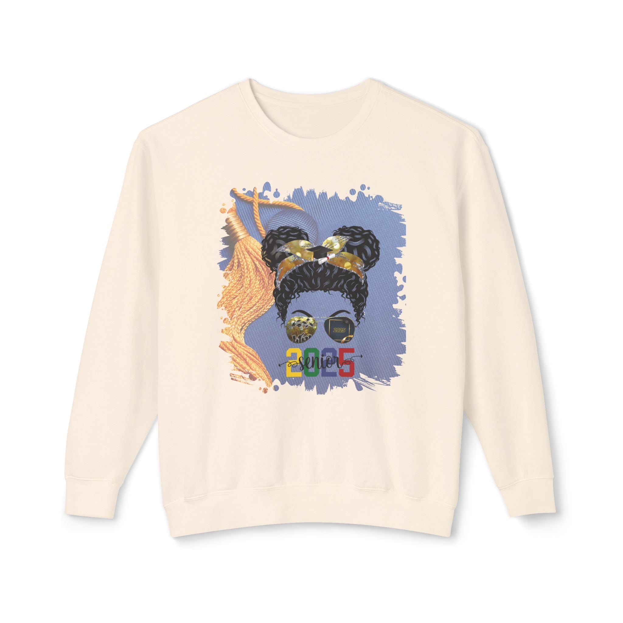 Senior 2025 Colorful, Graduation Cap, Black Hair Messy Bun, Unisex Lightweight Crewneck Sweatshirt