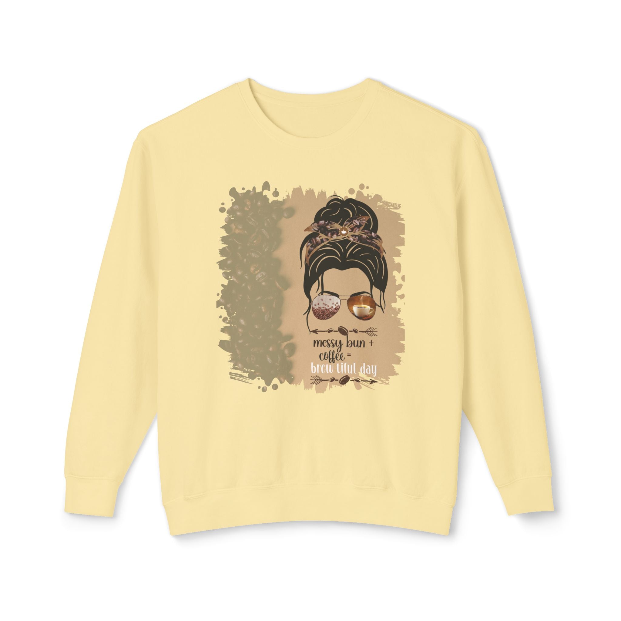 Messy Bun plus Coffee, Coffee Beans Shade, Dark Hair Messy Bun, Unisex Lightweight Crewneck Sweatshirt