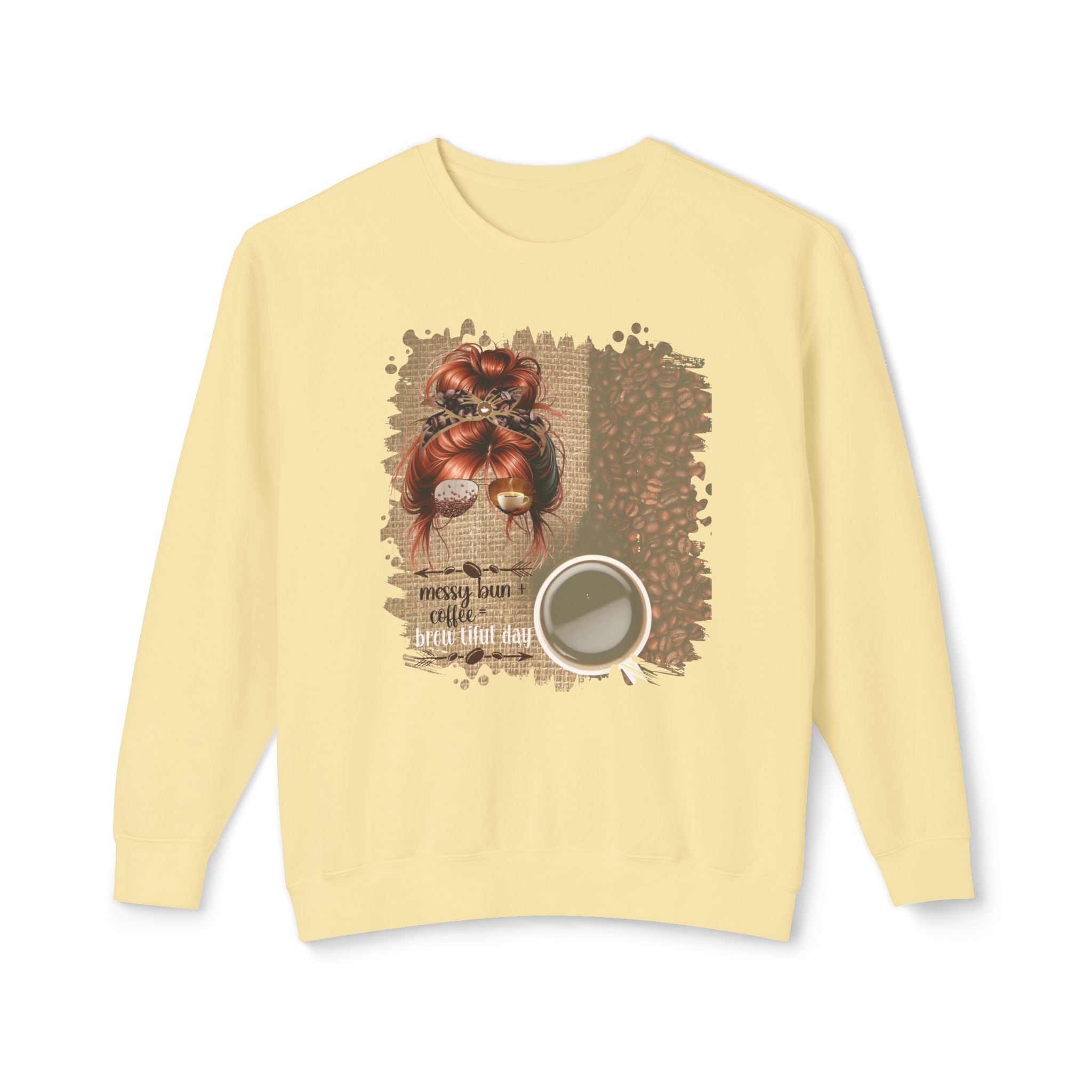 Messy Bun plus Coffee, Coffee Beans Bag, Red Hair Messy Bun, Unisex Lightweight Crewneck Sweatshirt