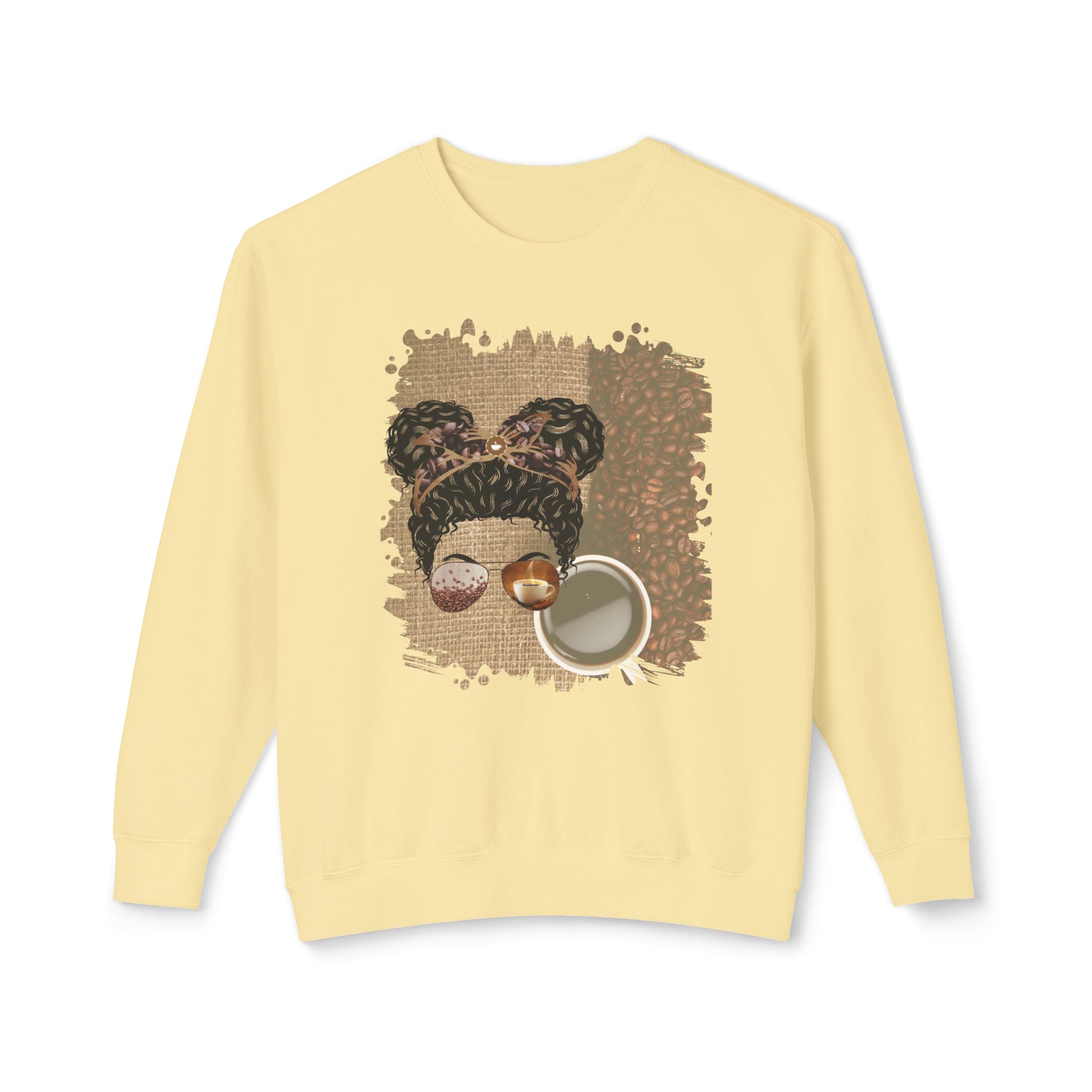 Coffee Beans Bag, Black Hair Messy Bun, Unisex Lightweight Crewneck Sweatshirt