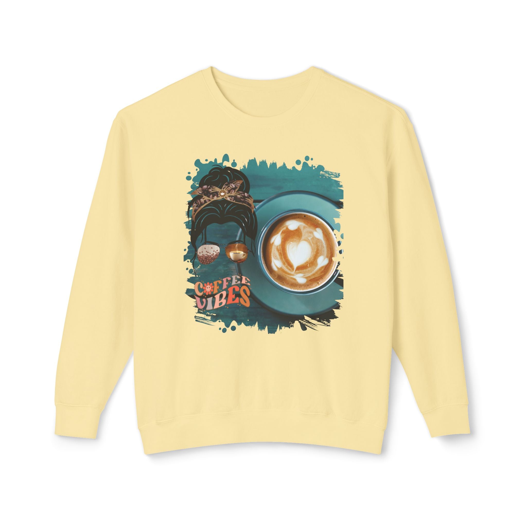 Coffee Vibes, Coffee Cup, Dark Hair Messy Bun, Unisex Lightweight Crewneck Sweatshirt
