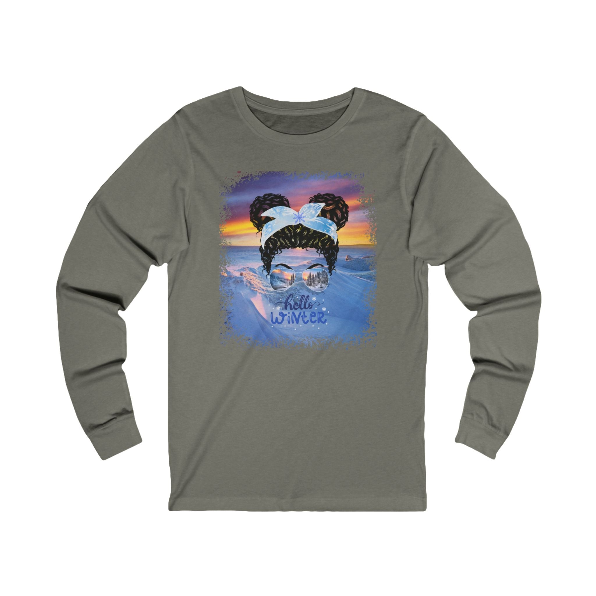 Hello Winter, Winter Mountain, Black Hair Messy Bun, Unisex Jersey Long Sleeve Tee