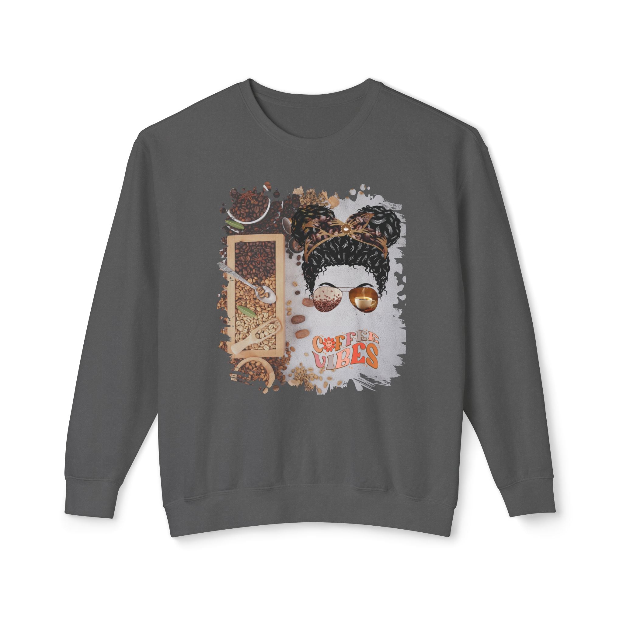 Coffee Vibes, Coffee Beans Variety, Black Hair Messy Bun, Unisex Lightweight Crewneck Sweatshirt