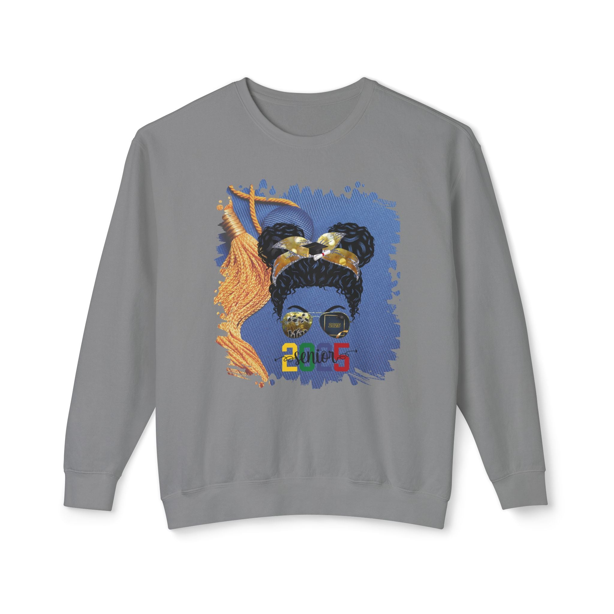 Senior 2025 Colorful, Graduation Cap, Black Hair Messy Bun, Unisex Lightweight Crewneck Sweatshirt