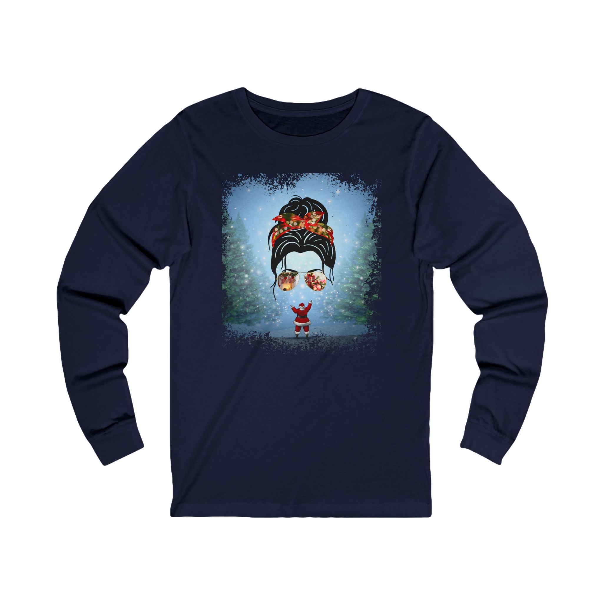 Santa, Dark Hair Messy Bun, Unisex Jersey Long Sleeve Tee