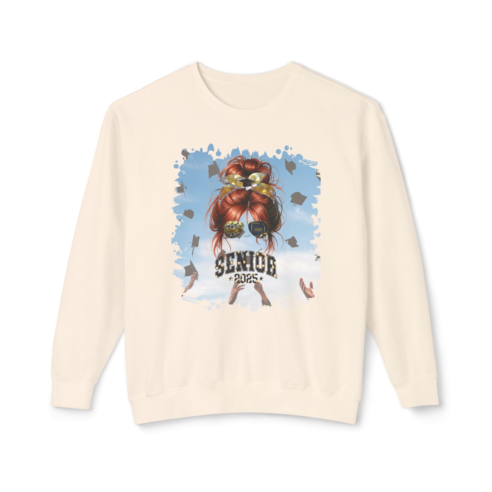 Senior 2025 Balloons, Celebration, Red Hair Messy Bun, Unisex Lightweight Crewneck Sweatshirt