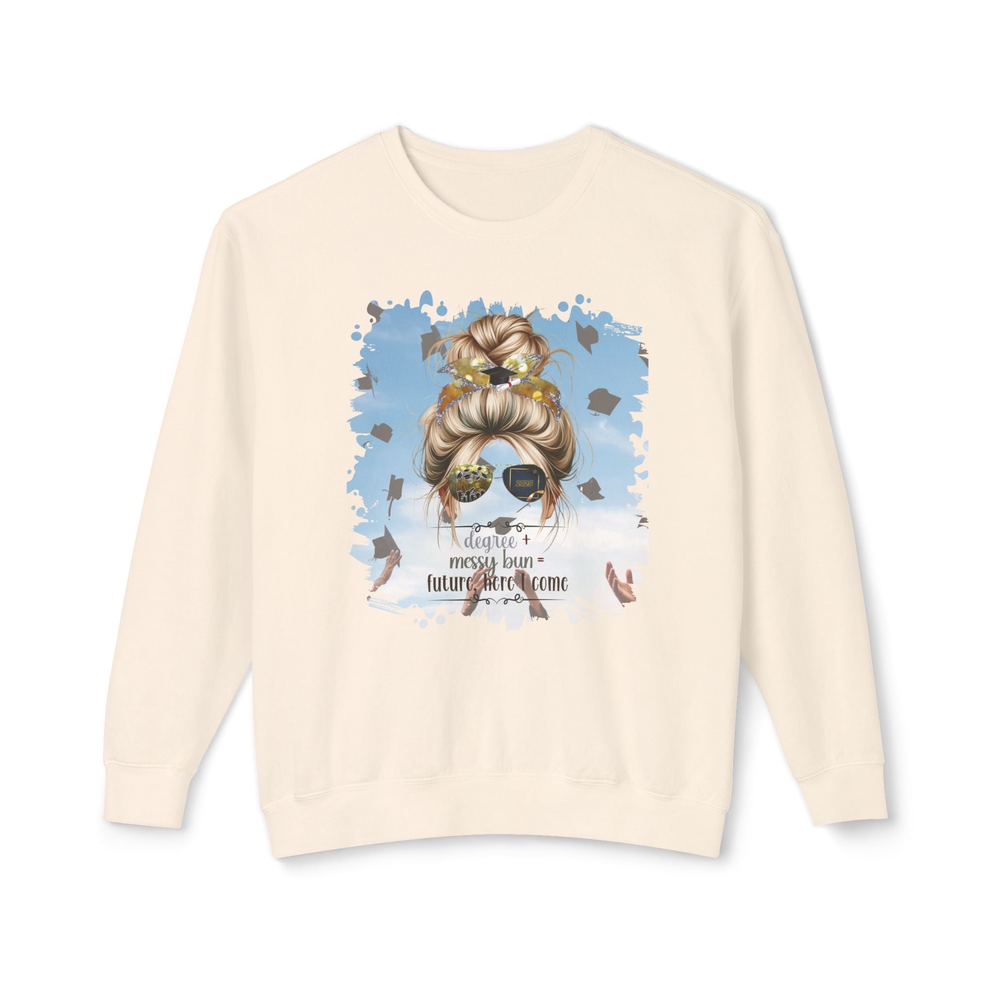 Degree + Messy Bun, Celebration, Blond Hair Messy Bun, Unisex Lightweight Crewneck Sweatshirt