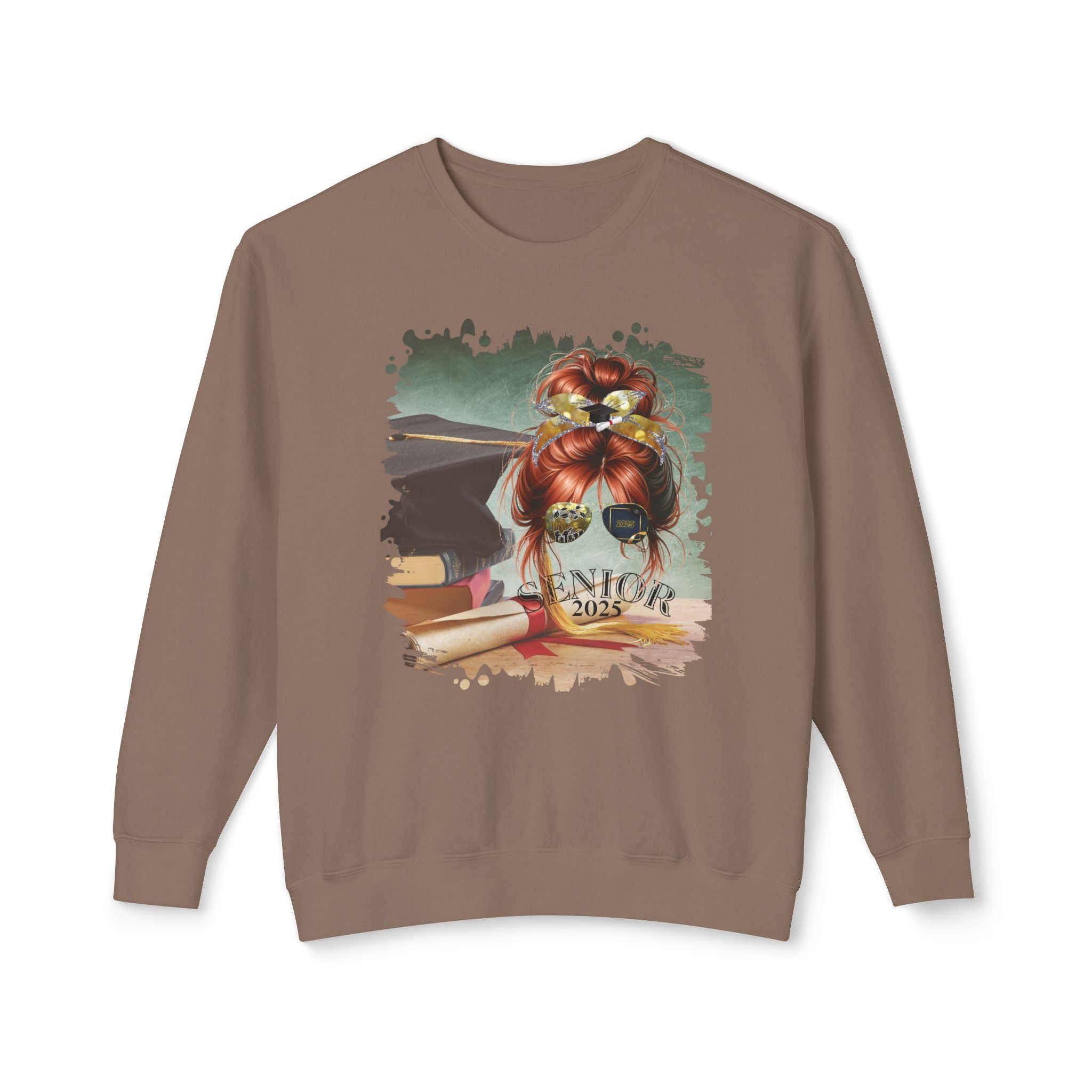 Senior 2025, Cap & Degree/Diploma, Red Hair Messy Bun, Unisex Lightweight Crewneck Sweatshirt