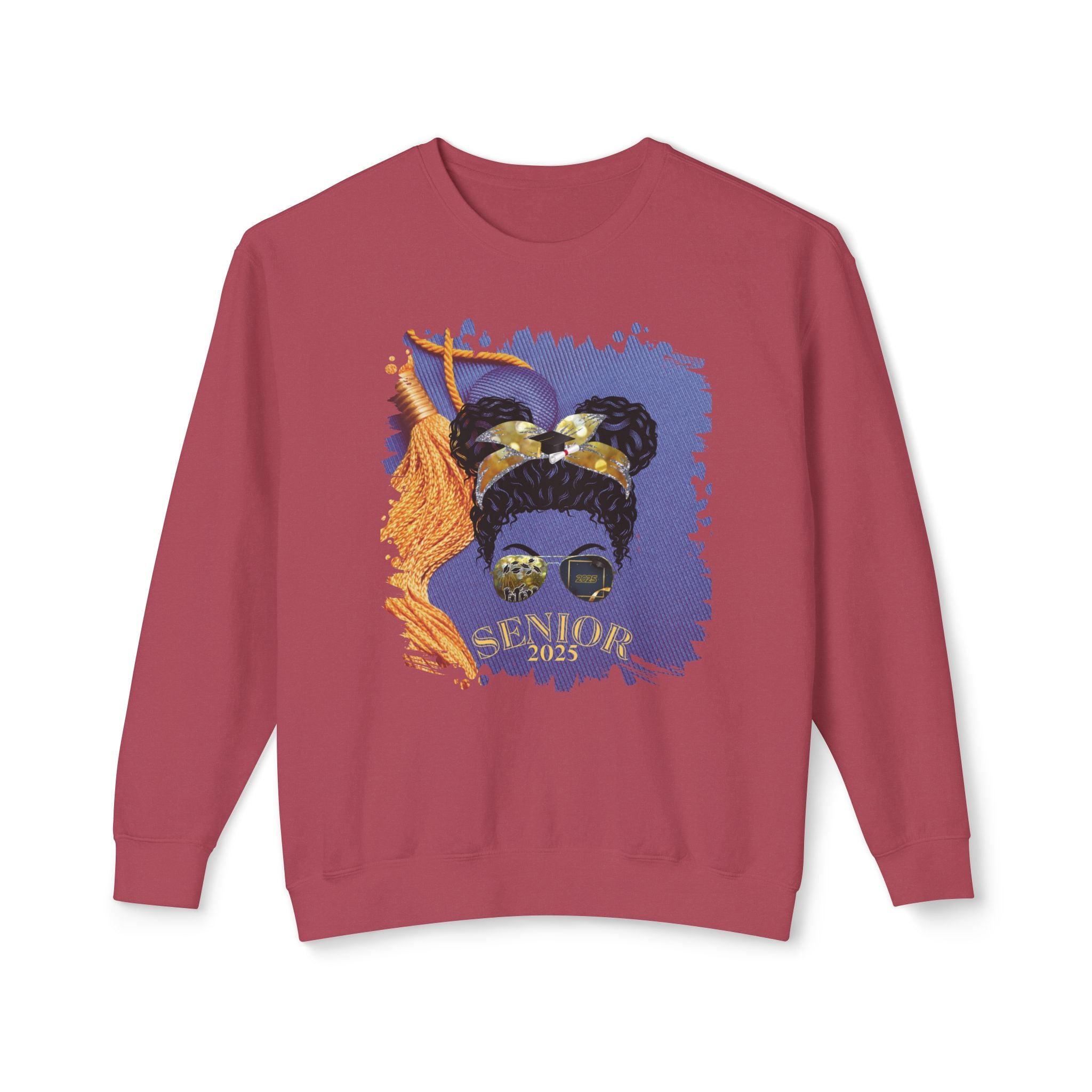Senior 2025, Graduation Cap, Black Hair Messy Bun, Unisex Lightweight Crewneck Sweatshirt