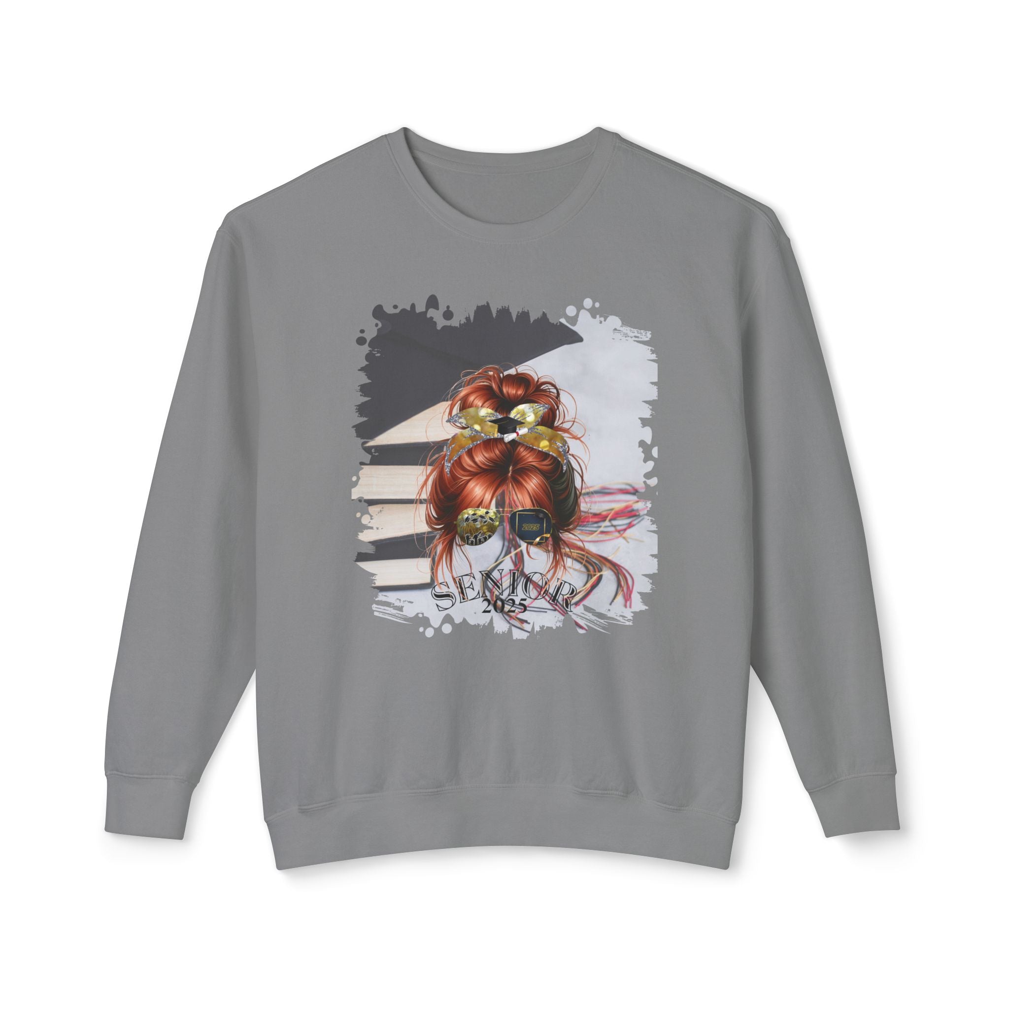 Senior 2025, Cap & Books, Red Hair Messy Bun, Unisex Lightweight Crewneck Sweatshirt