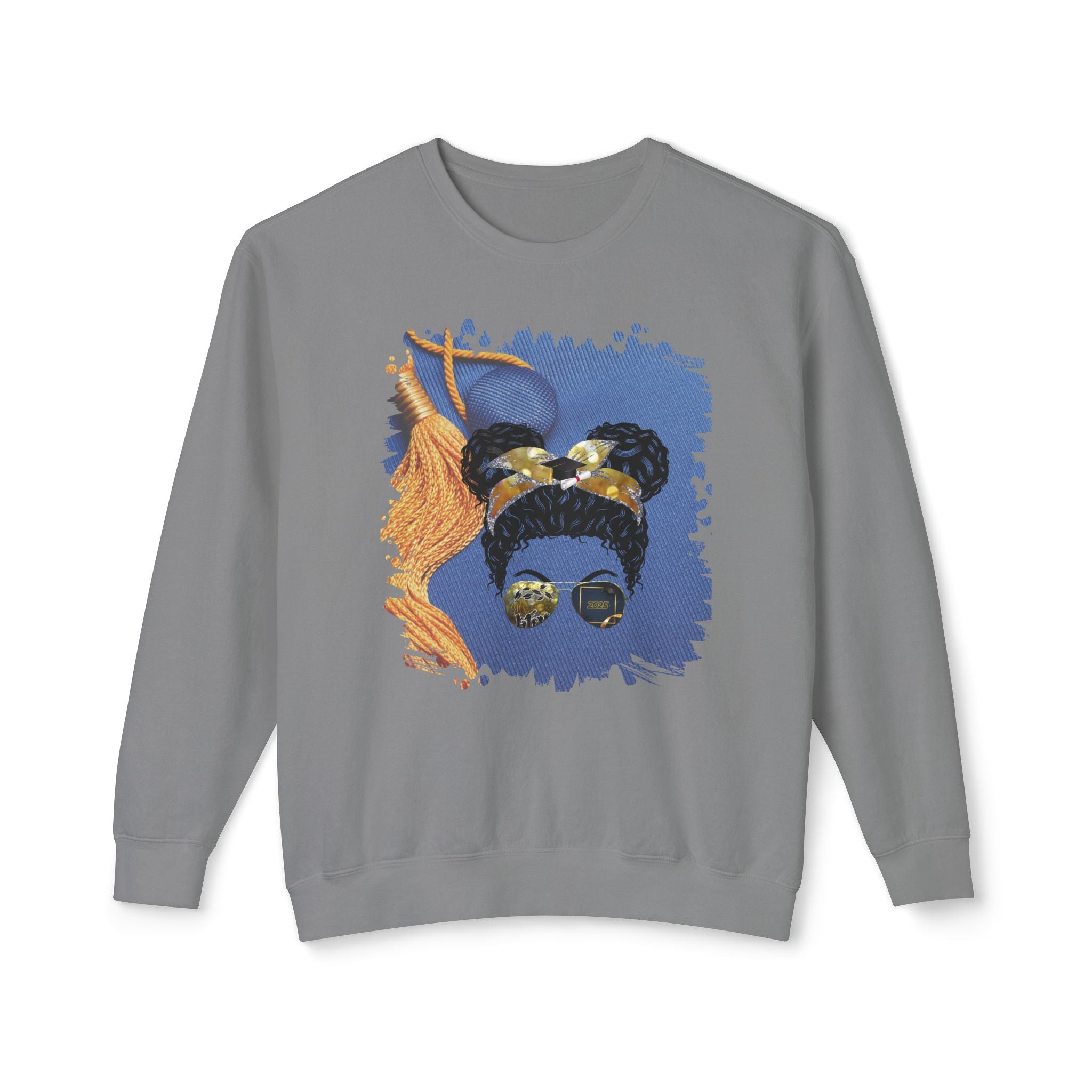 Graduation Cap, Black Hair Messy Bun, Unisex Lightweight Crewneck Sweatshirt
