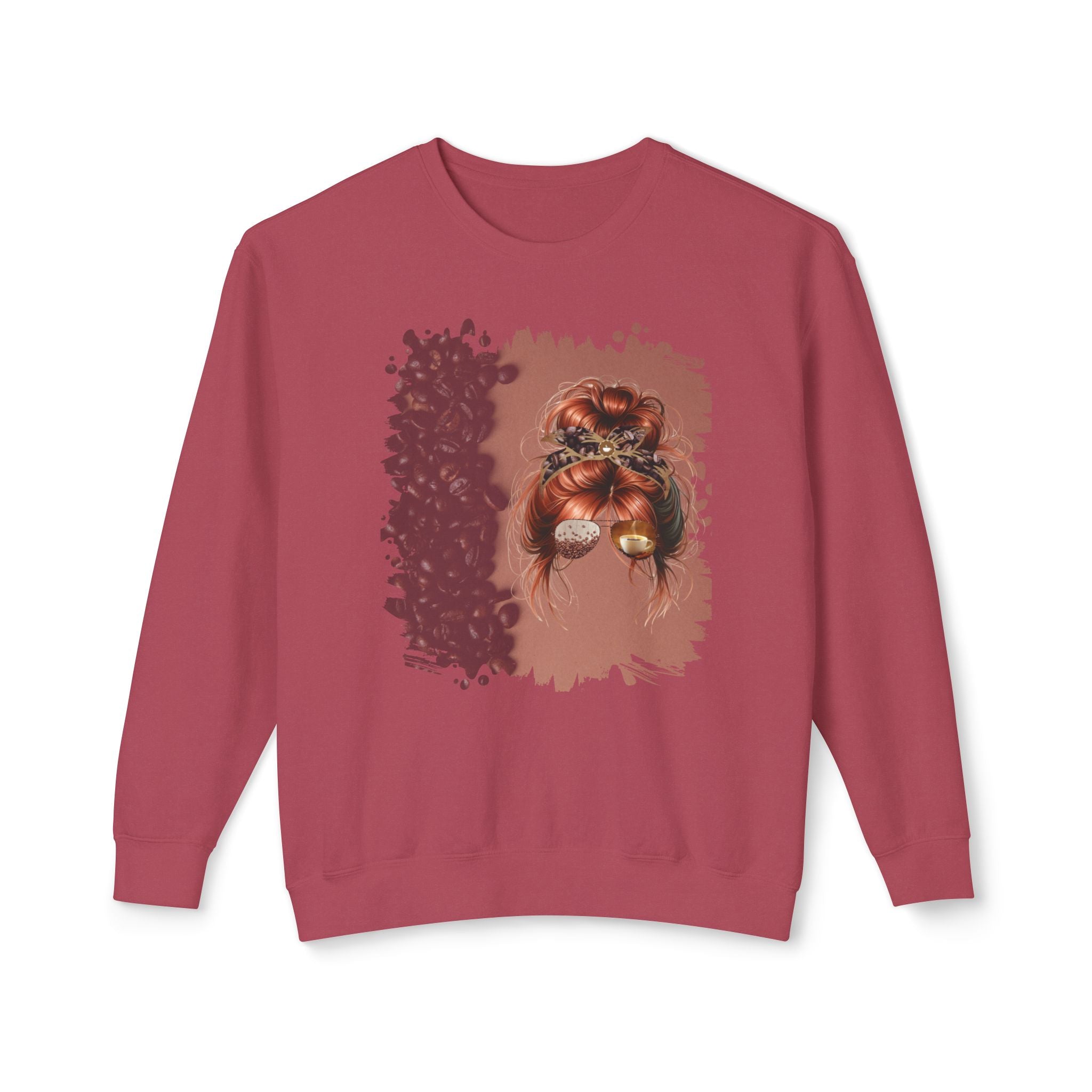 Coffee Beans Shade, Red Hair Messy Bun, Unisex Lightweight Crewneck Sweatshirt