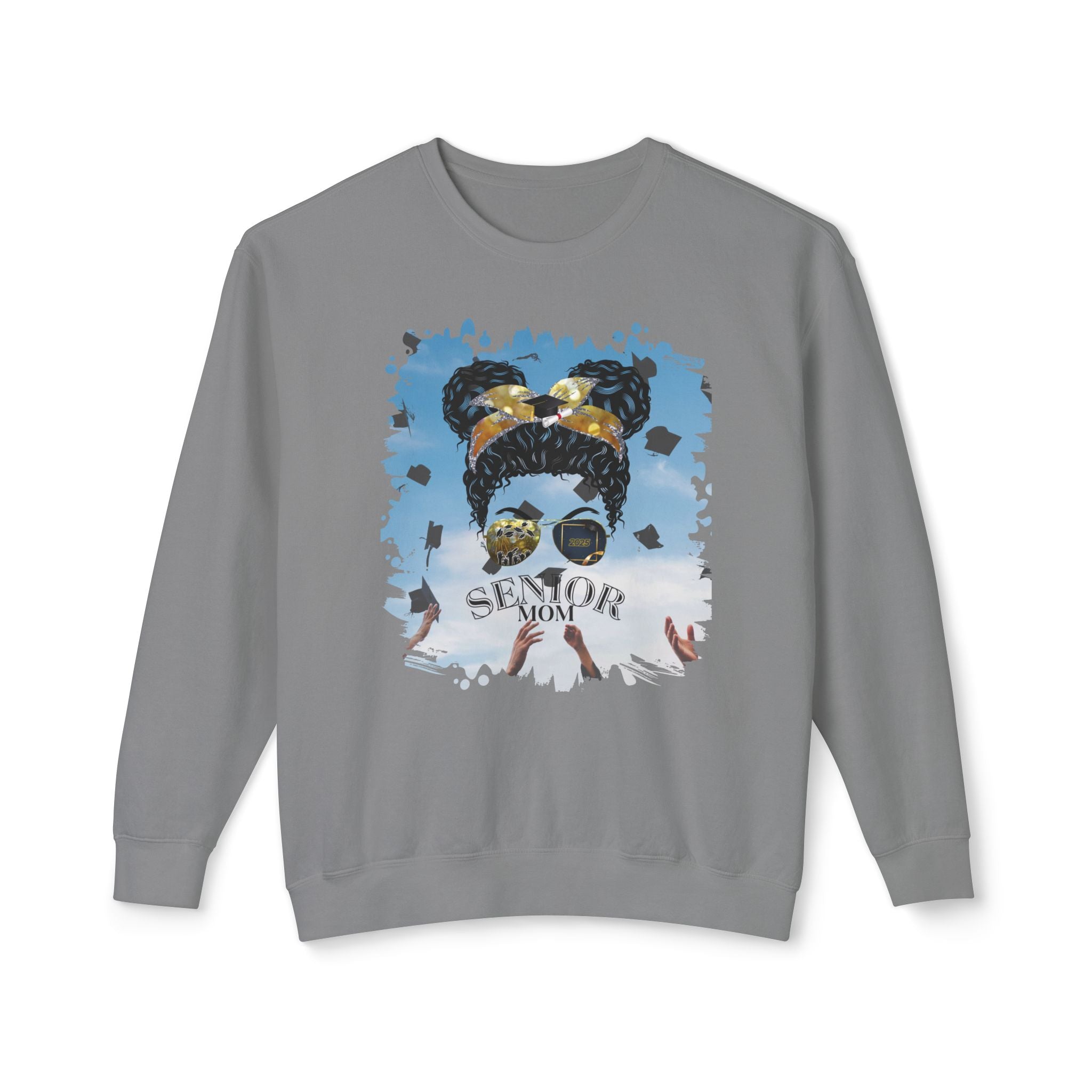 Senior Mom, Celebration, Black Hair Messy Bun, Unisex Lightweight Crewneck Sweatshirt