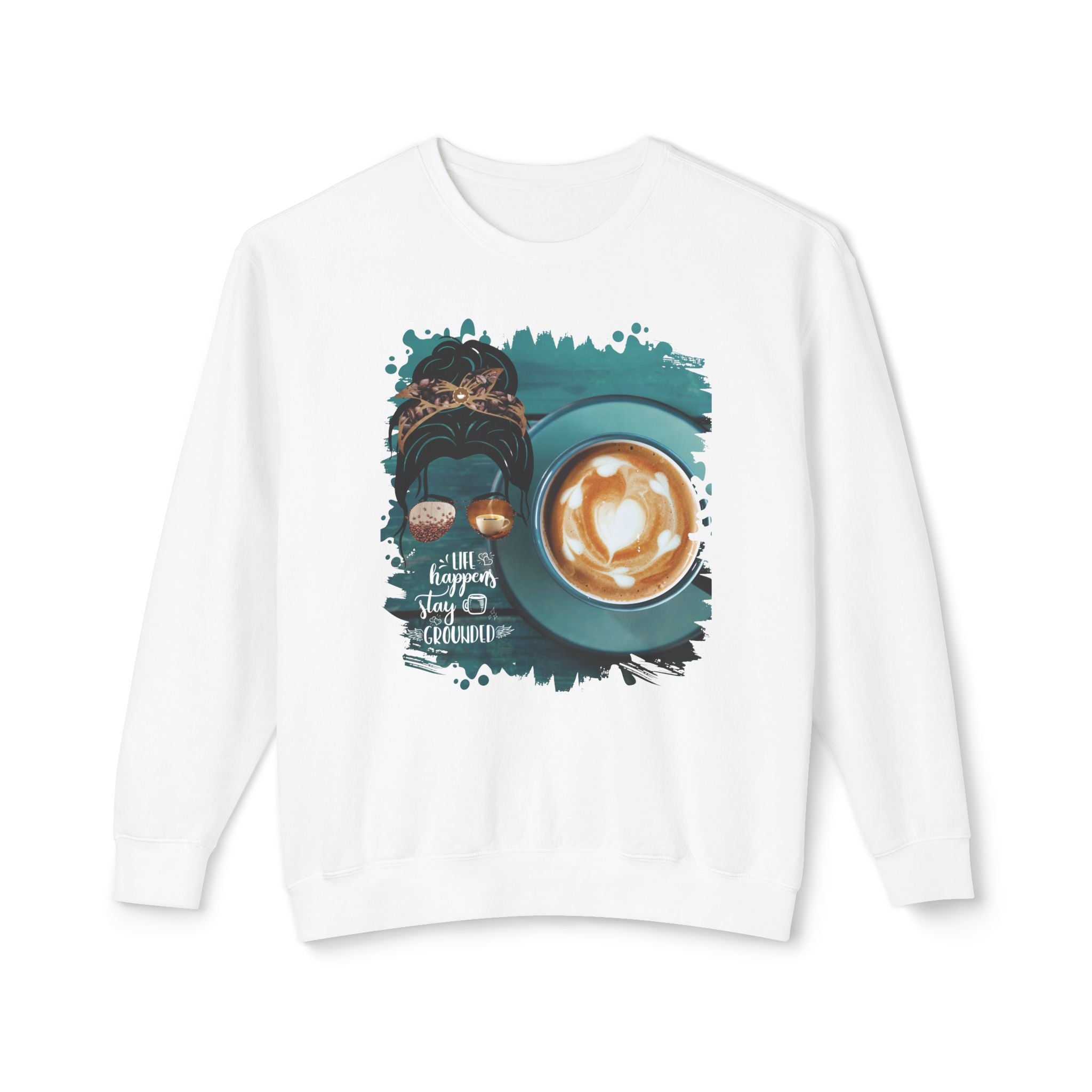 Stay Grounded, Coffee Cup, Dark Hair Messy Bun, Unisex Lightweight Crewneck Sweatshirt