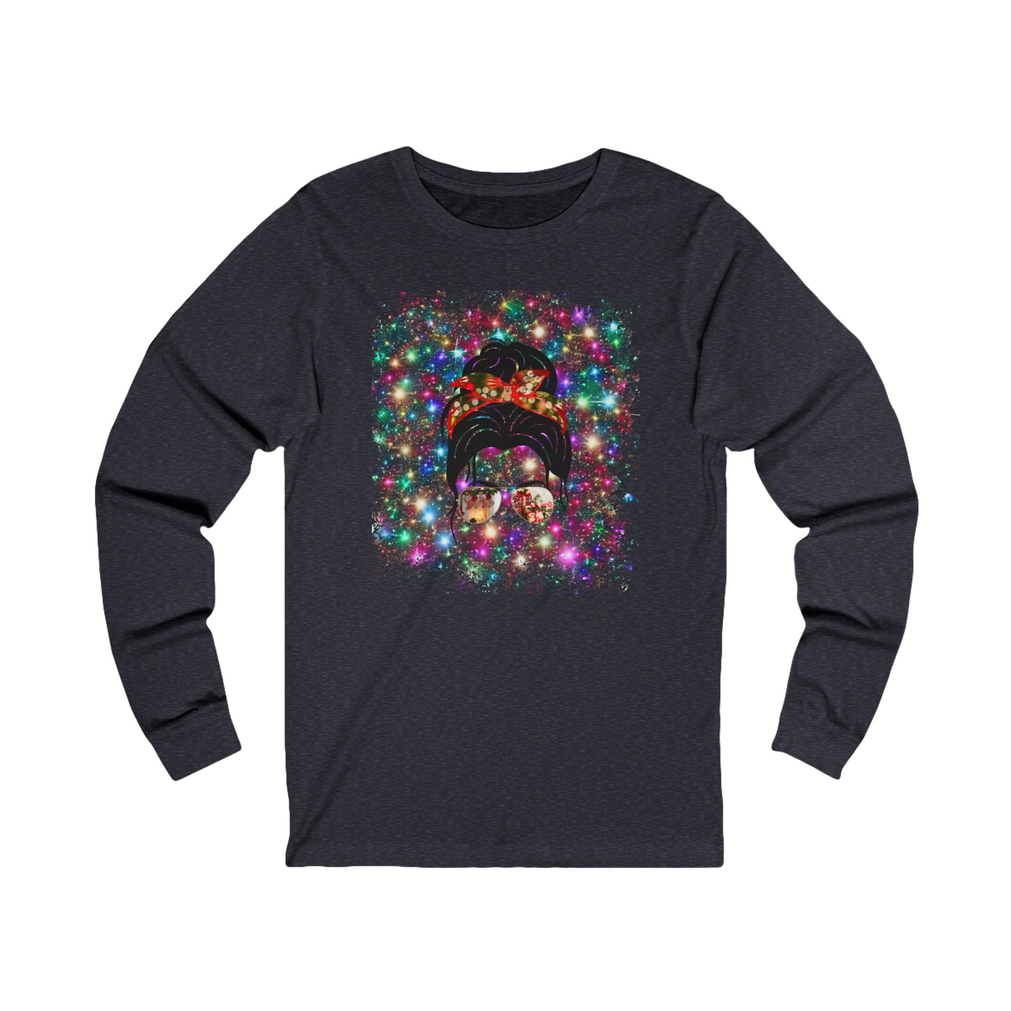 Christmas Lights, Dark Hair Messy Bun, Unisex Jersey Long Sleeve Tee