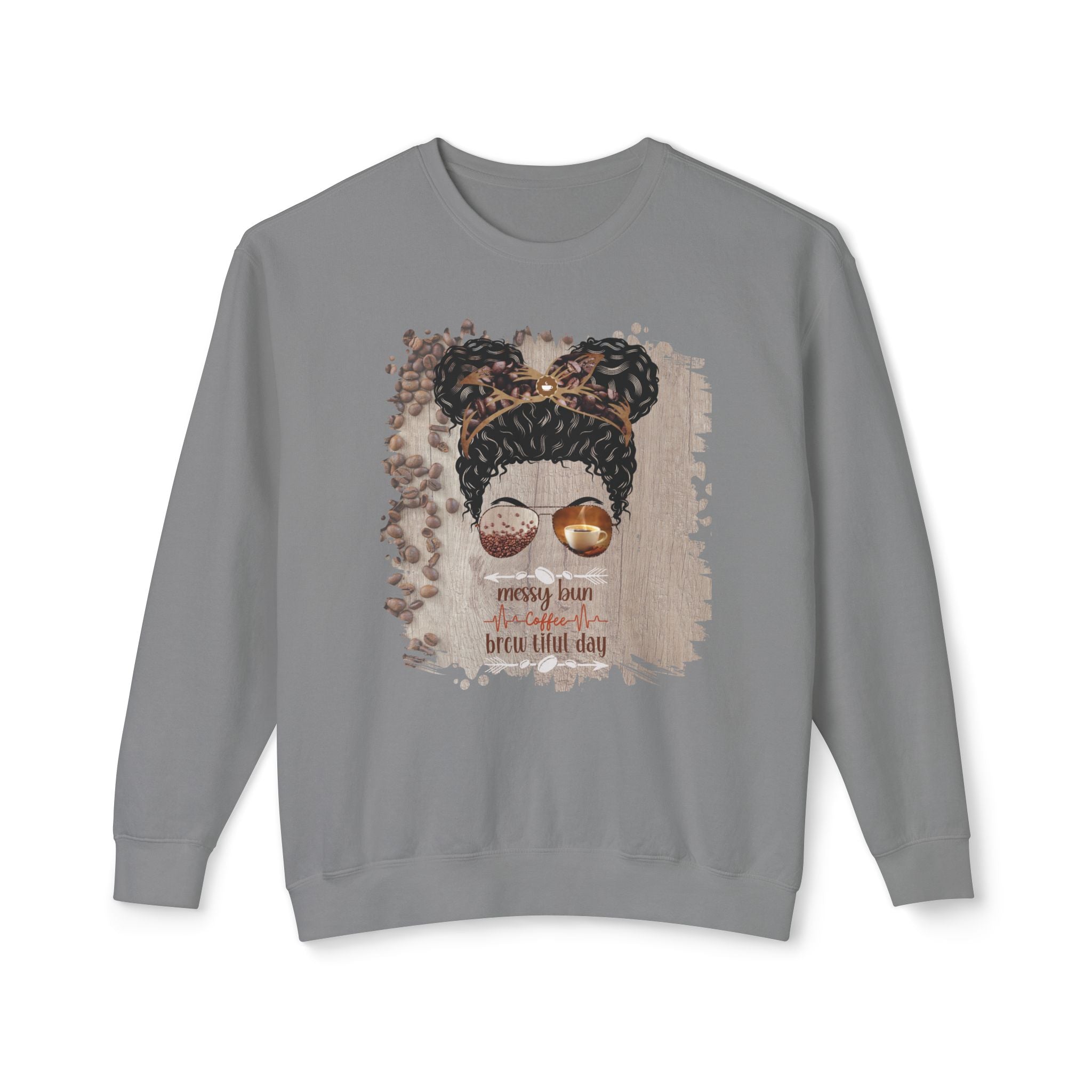 Coffee Heartbeat, Coffee Beans Table, Black Hair Messy Bun, Unisex Lightweight Crewneck Sweatshirt