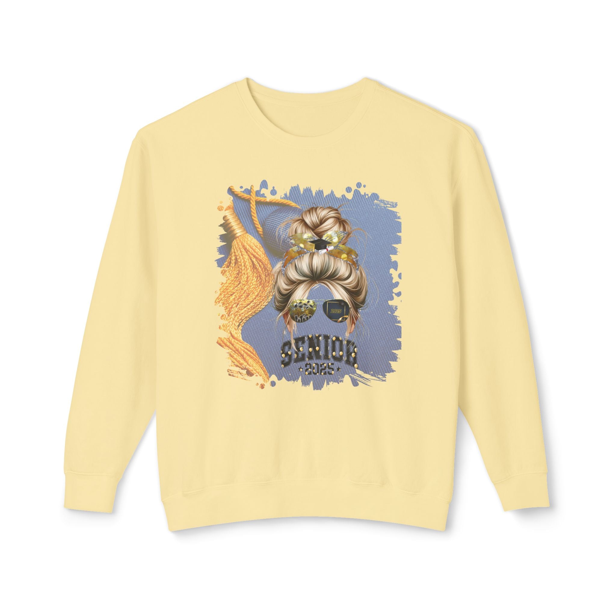 Senior 2025 Balloons, Graduation Cap, Blond Hair Messy Bun, Unisex Lightweight Crewneck Sweatshirt