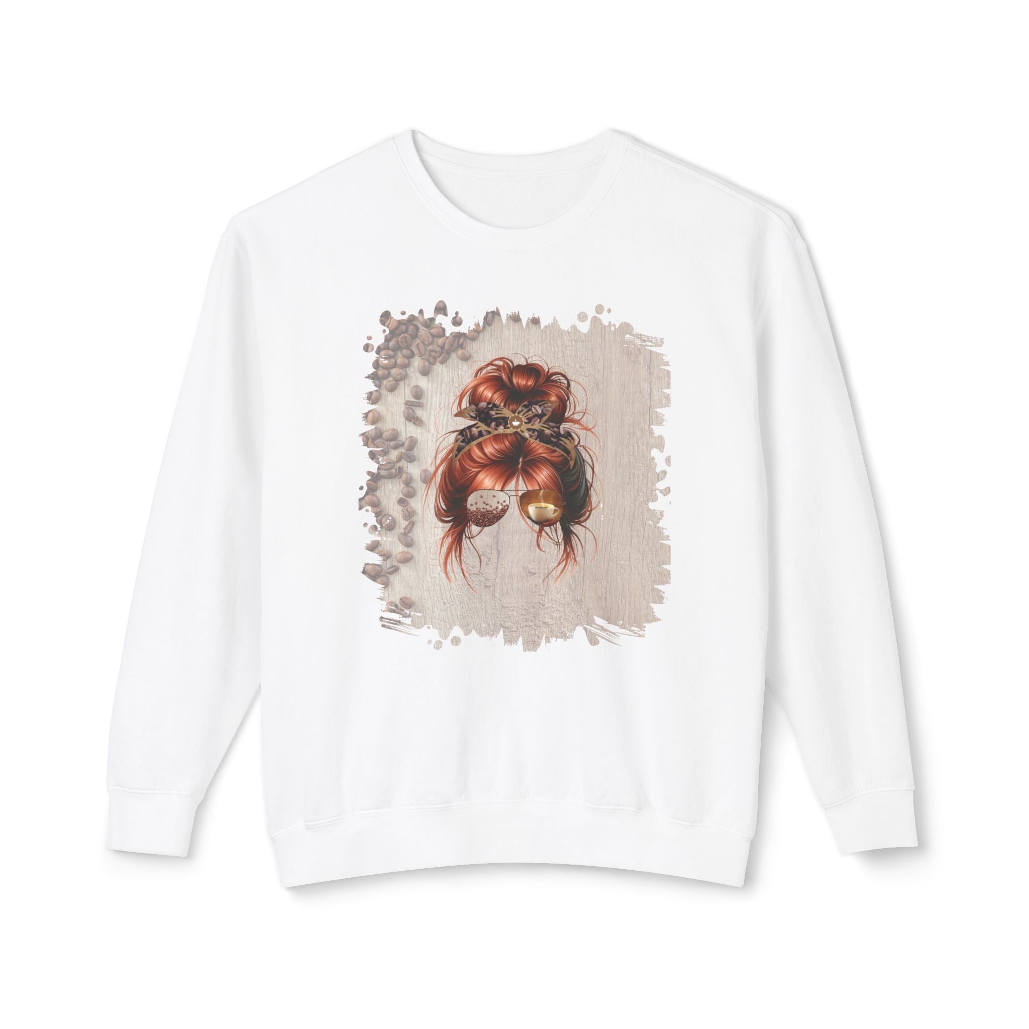 Coffee Beans Table, Red Hair Messy Bun, Unisex Lightweight Crewneck Sweatshirt